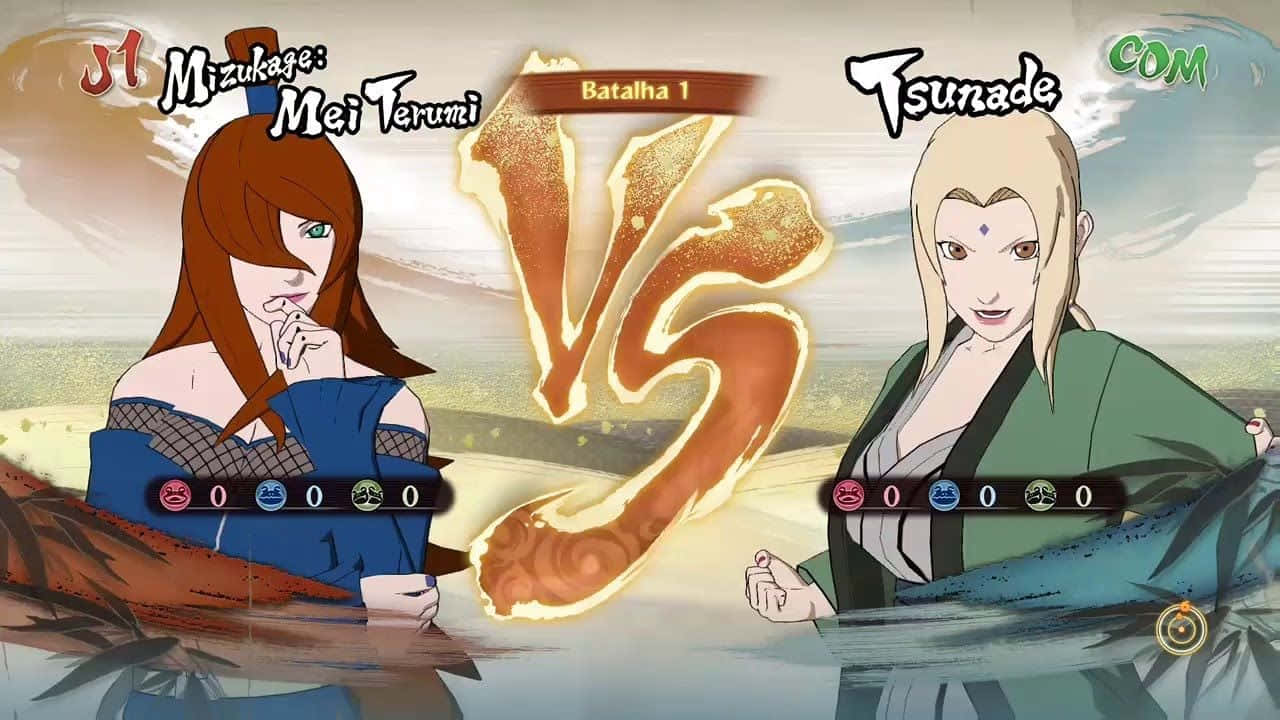 Mei Terumi 桌布 壁紙 — 兩個動漫角色在格鬥遊戲中對決，中間有發光的「VS」文字。