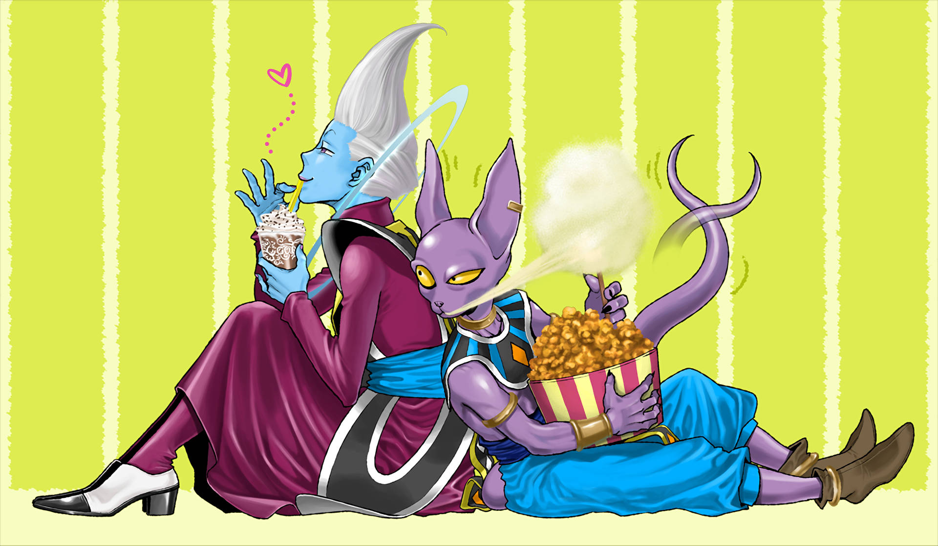 Beerus 桌布 壁紙 — 兩個動漫角色在條紋沙發上放鬆，吃爆米花，帶有心形和蒸汽效果。