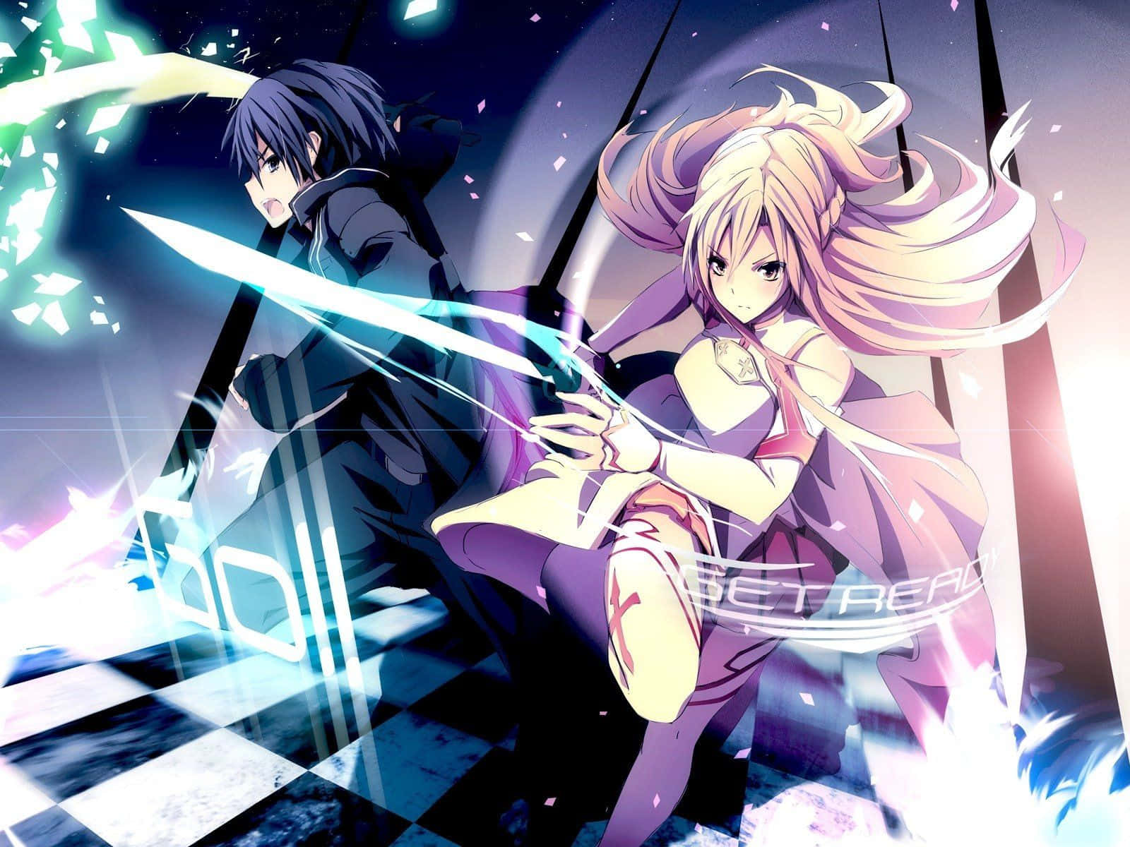 Yuuki Asuna 桌布 壁紙 — 兩個動漫角色在棋盤格地板上交鋒，伴隨發光能量效果和漂浮文字。