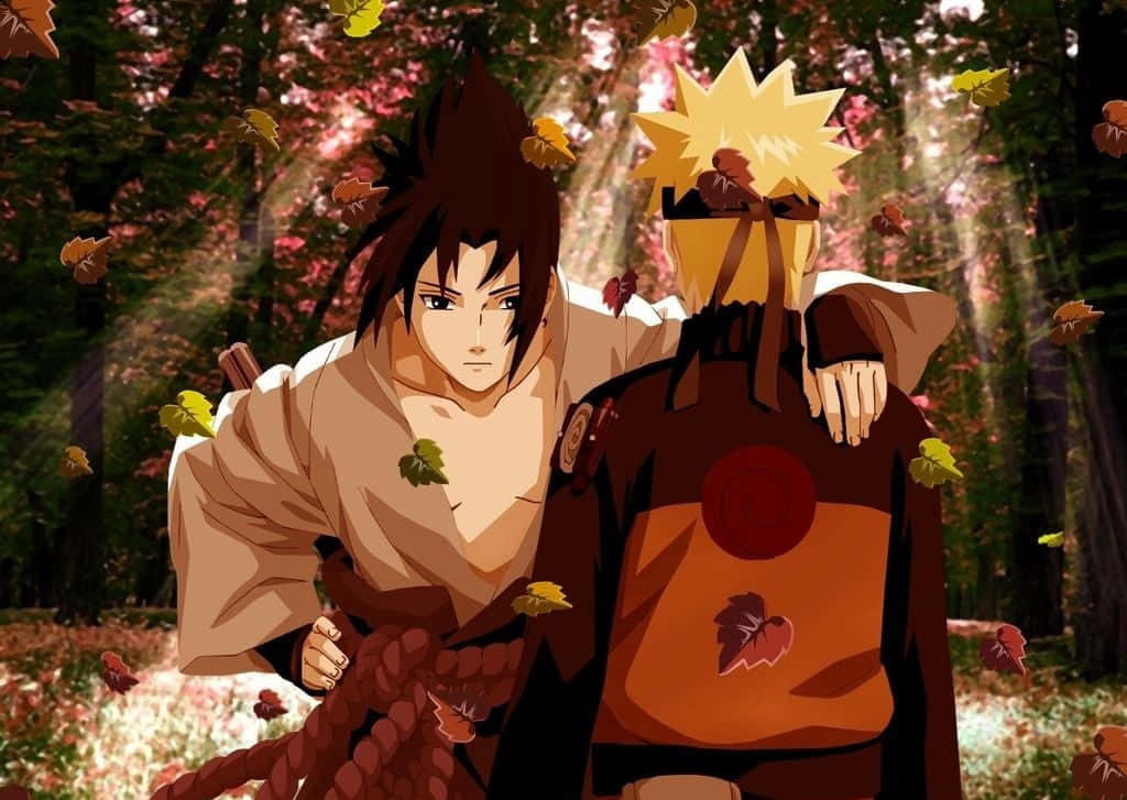 Naruto Aesthetic Computer 桌布 壁紙 — 兩個動漫角色在森林中靠近站立，秋葉在斑駁的陽光下在他們周圍旋轉。