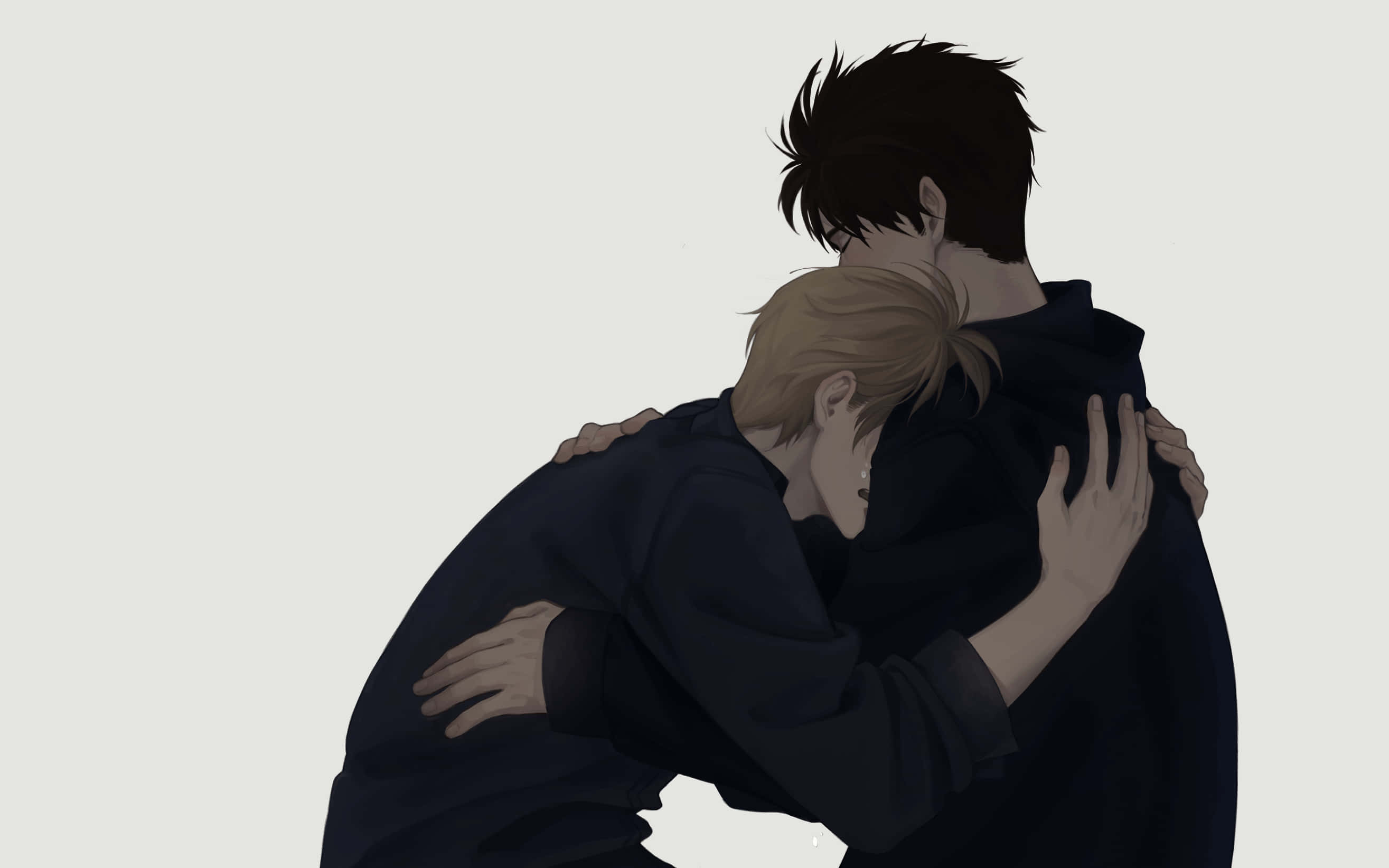 Banana Fish 桌布 壁紙 — 兩個動漫角色在樸素背景前溫柔擁抱，傳達深厚的情感聯繫。