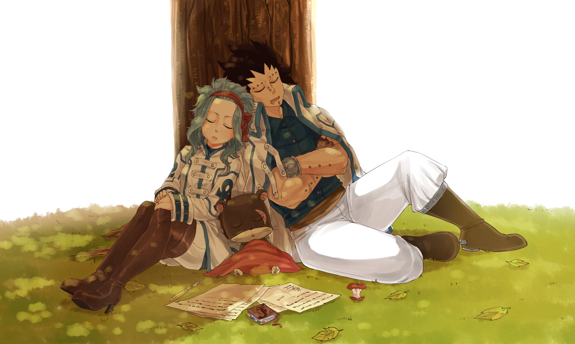 Fairy Tail Characters 桌布 壁紙 — 兩個動漫角色在樹下安寧地休息，草地上散落著秋天的落葉和打開的書本。