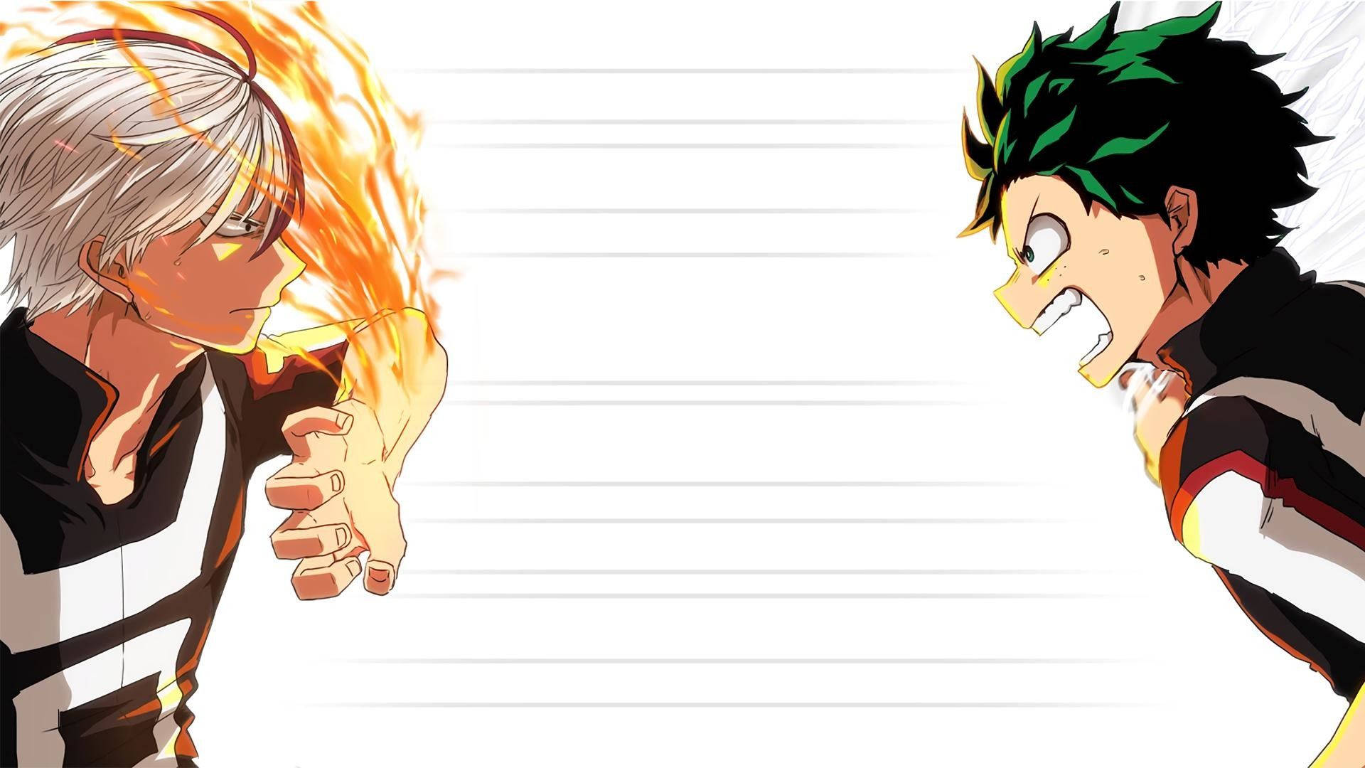 Bnha 桌布 壁紙 — 兩個動漫角色在橫線紙背景前對峙，之間有劈啪作響的火焰能量。