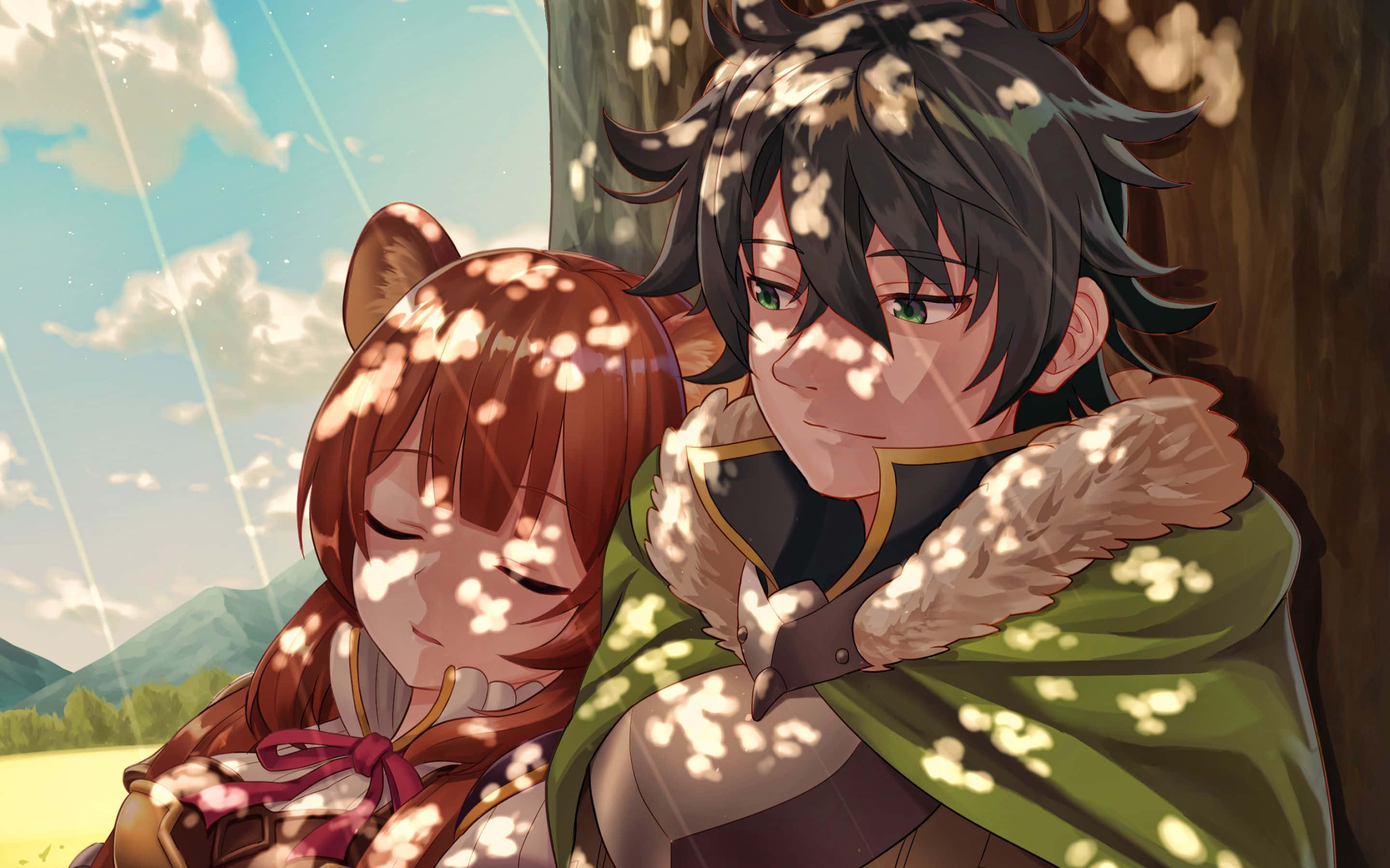 The Rising Of The Shield Hero 桌布 壁紙 — 兩個動漫角色在櫻花樹下擁抱，陽光穿過花瓣灑落。