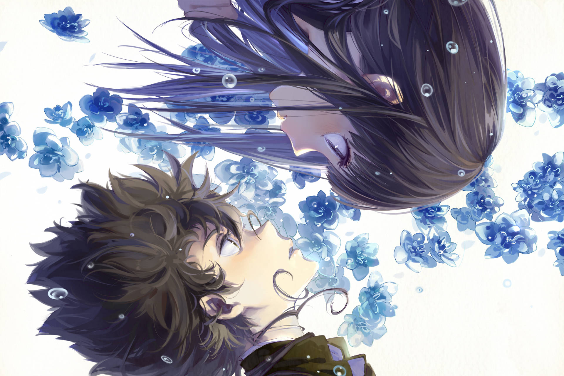 Hyouka 桌布 壁紙 — 兩個動漫角色在水底互相凝視，周圍漂浮著藍色花朵和氣泡。