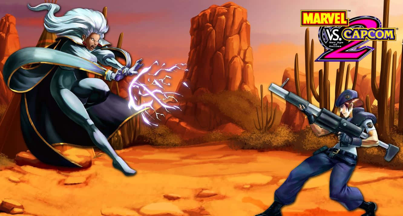 Marvel Vs Capcom Characters 桌布 壁紙 — 兩個動漫角色在沙漠戰場上碰撞，伴隨著閃電和槍火，天空如火般燃燒。