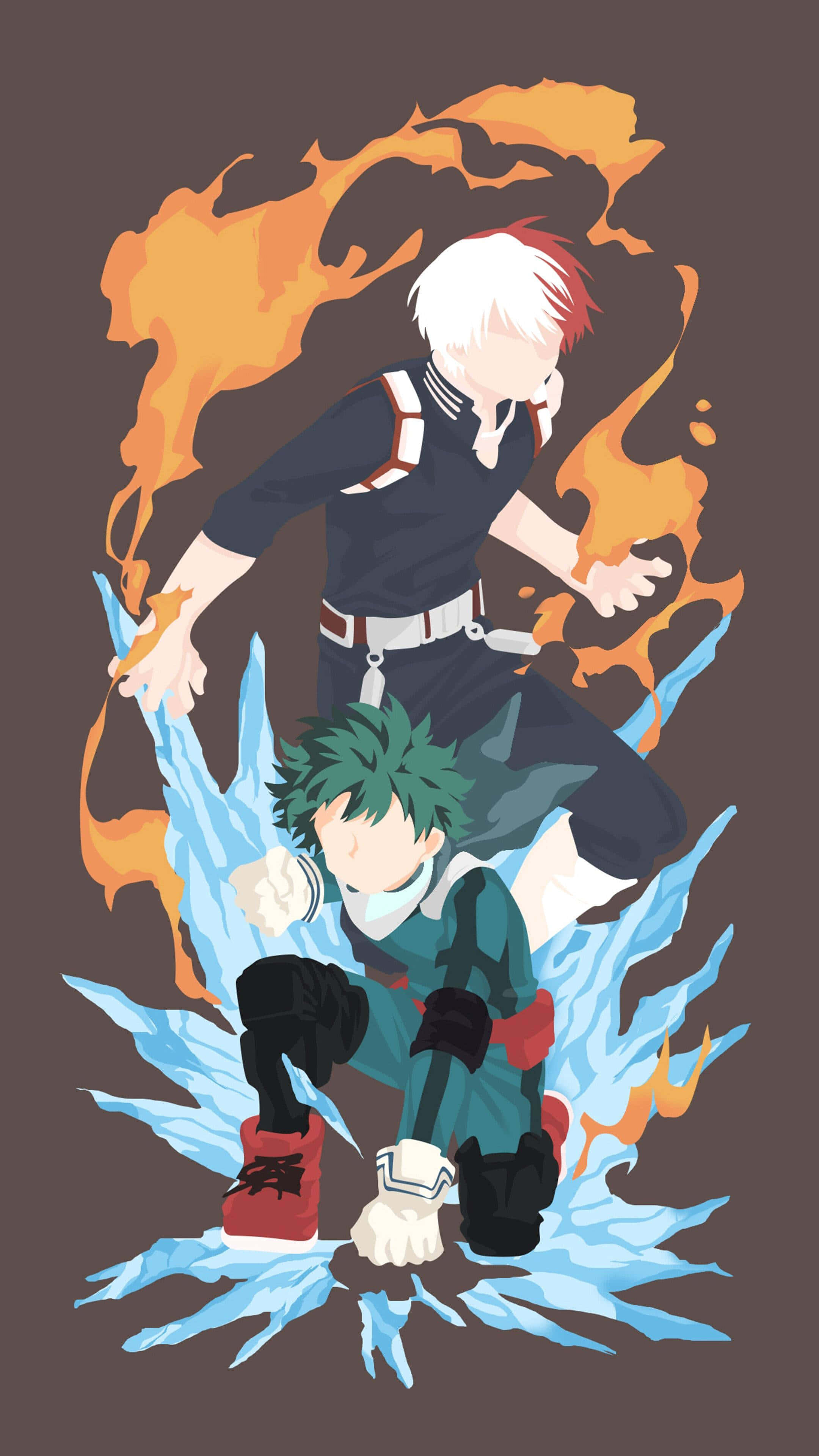Todoroki Black 桌布 壁紙 — 兩個動漫角色在深棕色背景上以火和冰能量碰撞。