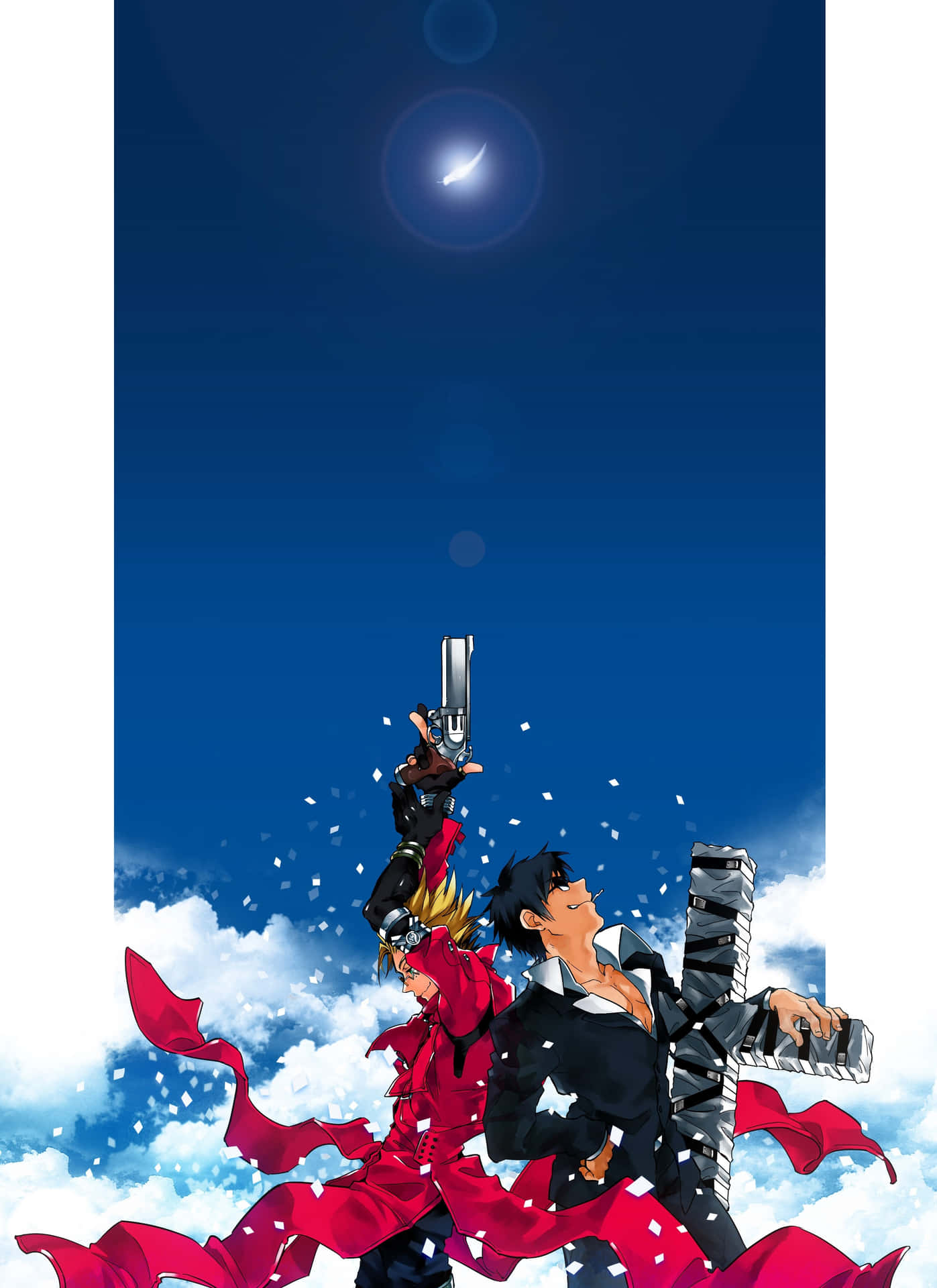 Trigun 桌布 壁紙 — 兩個動漫角色在深藍色天空、雲朵和發光月亮下擺出動態姿勢。