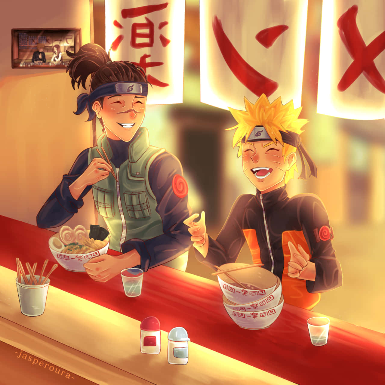 Naruto Ramen 桌布 壁紙 — 兩個動漫角色在溫暖燈光、紅色發光招牌的拉麵店裡，對著拉麵碗大笑。