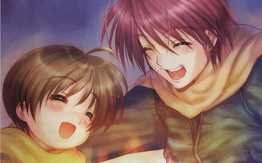 Clannad 桌布 壁紙 — 兩個動漫角色在溫暖燈光和柔和筆觸下分享歡樂時刻。