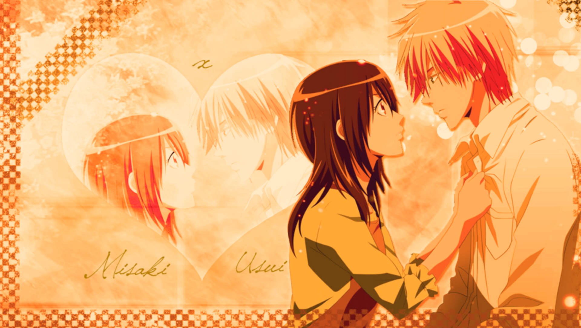 Kaichou Wa Maid Sama 桌布 壁紙 — 兩個動漫角色在溫暖的橙色背景上，帶有心形剪影和名字，深情地凝視對方。
