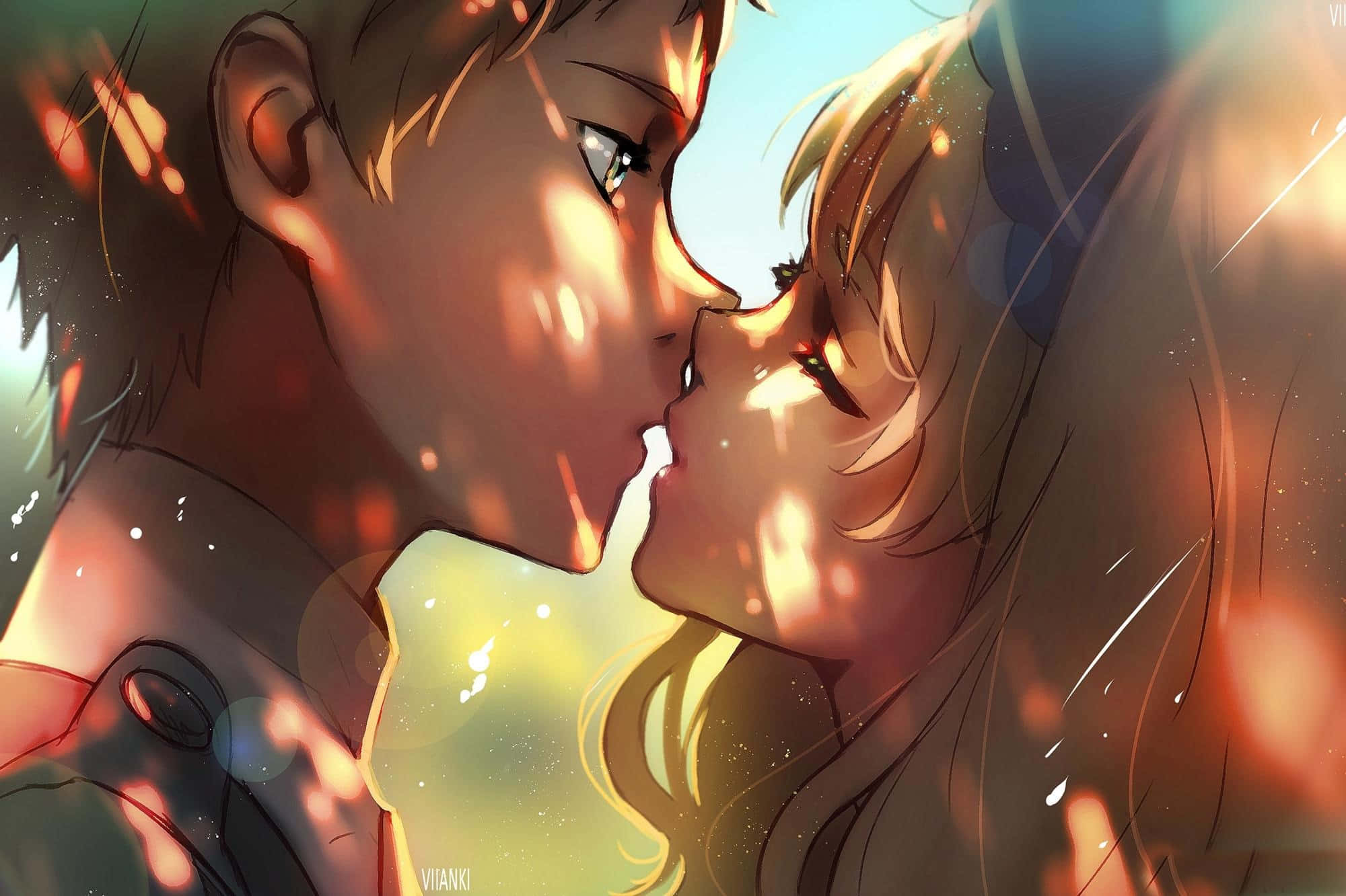 romantic kiss 桌布 壁紙 — 兩個動漫角色在溫暖的金色光芒中，周圍漂浮著粒子，傾身進行溫柔的親吻。