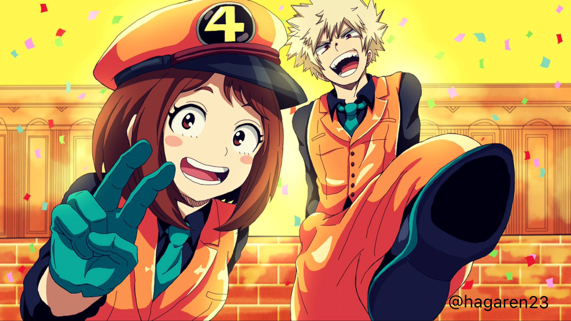 Uraraka 桌布 壁紙 — 兩個動漫角色在溫暖的黃色背景下，周圍飄落著五彩紙屑，歡樂地慶祝。