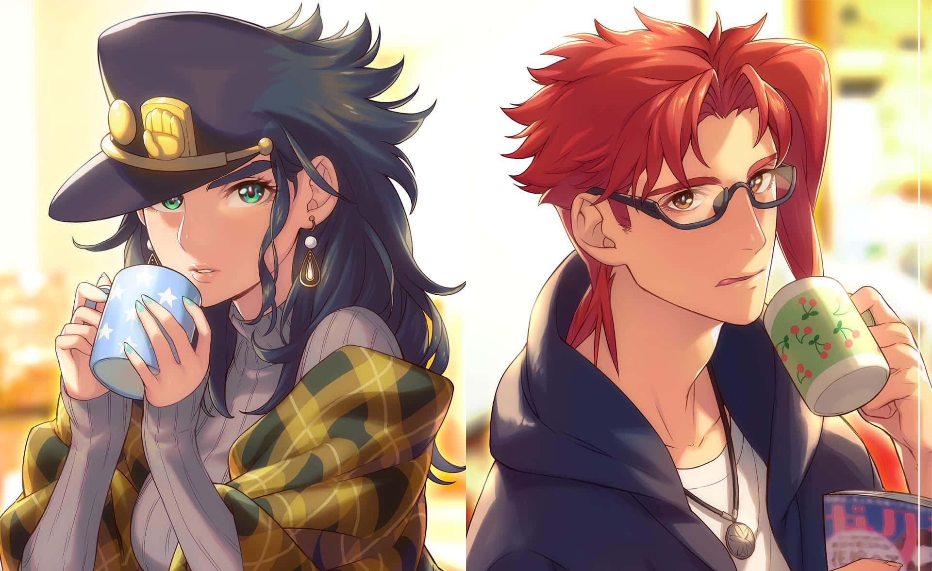 Noriaki Kakyoin 桌布 壁紙 — 兩個動漫角色在溫暖陽光的咖啡館裡喝茶，一個戴帽，另一個紅髮戴眼鏡。
