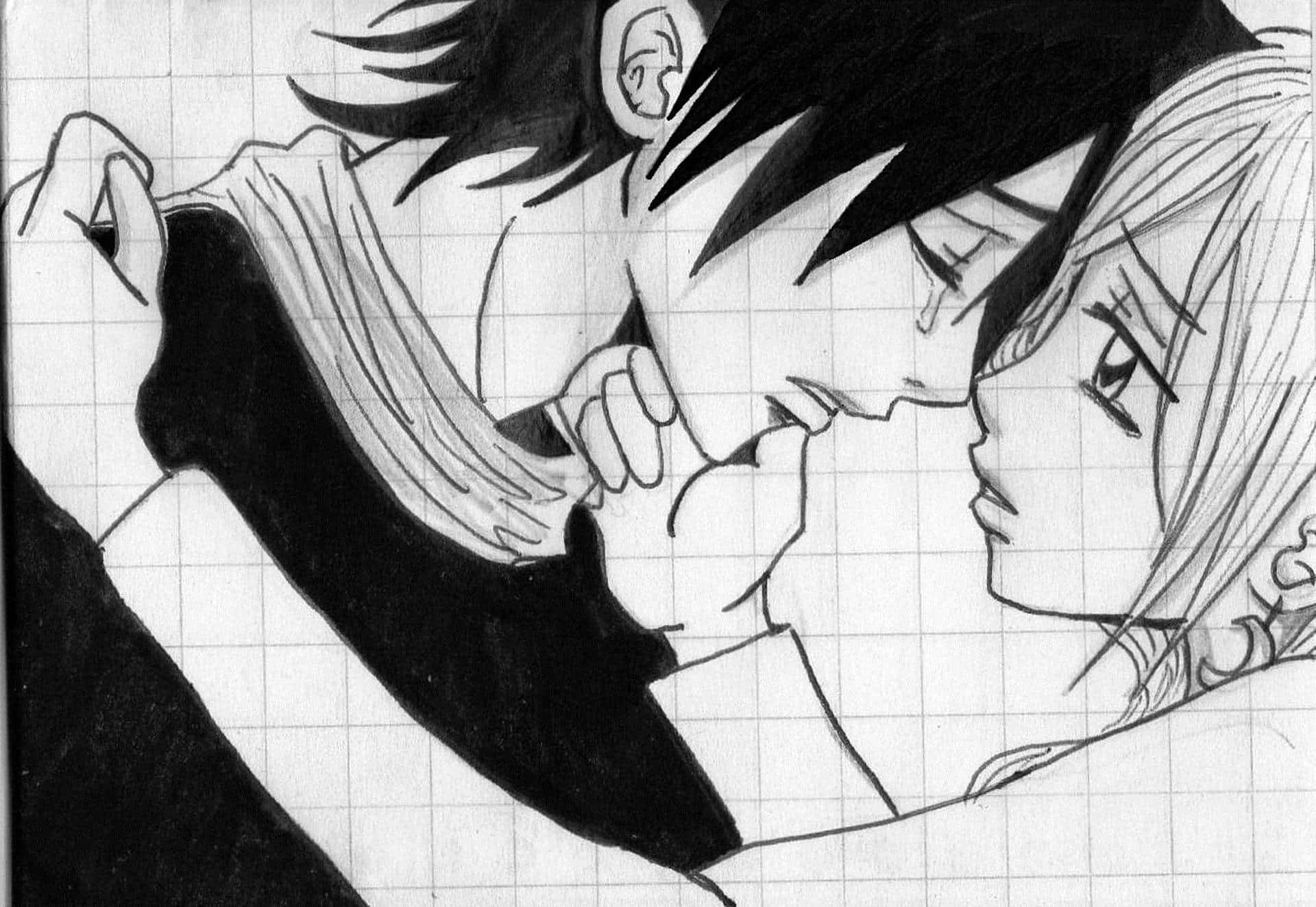 Sad Couple 桌布 壁紙 — 兩個動漫角色在溫柔的特寫中，一個握著另一個的手，背景是方格紙。