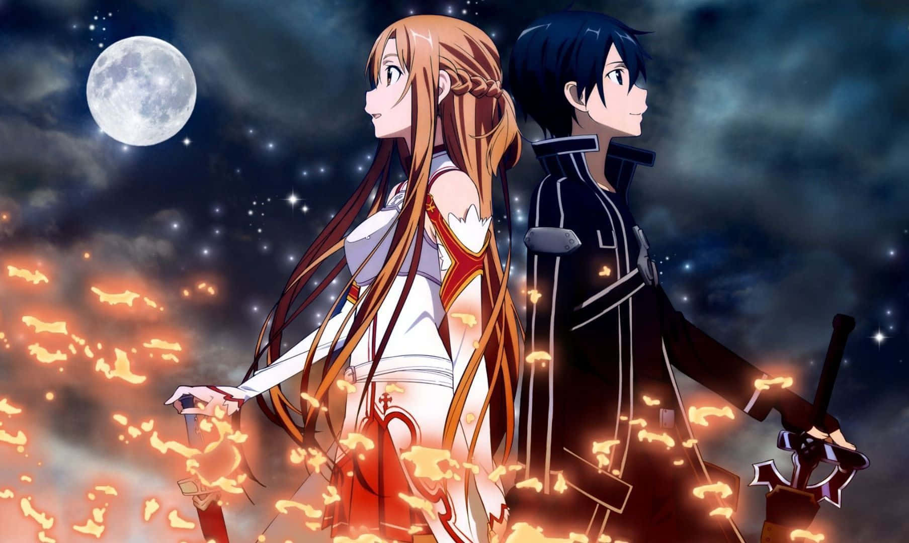 Yuuki Asuna 桌布 壁紙 — 兩個動漫角色在滿月下背對背站立，熾熱的火星在他們周圍旋轉，襯托著繁星點點的夜空。