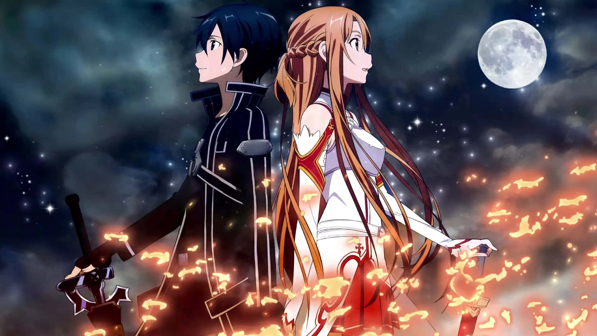 Kazuto Kirigaya 桌布 壁紙 — 兩個動漫角色在滿月星空下背對背站立，熾熱的火星在他們周圍旋轉。