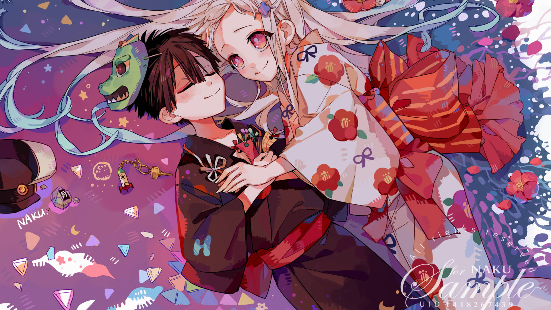hanako 桌布 壁紙 — 兩個動漫角色在漂浮的櫻花和奇幻物體中溫暖擁抱，背景是充滿活力的紫色夢境。
