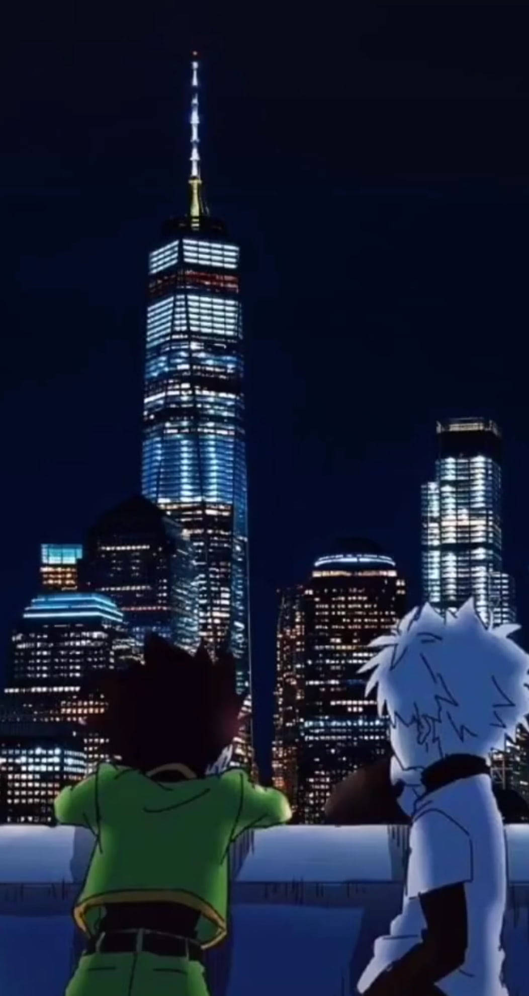 Gon And Killua 桌布 壁紙 — 兩個動漫角色在漆黑的夜空下凝視著發光的摩天大樓天際線。