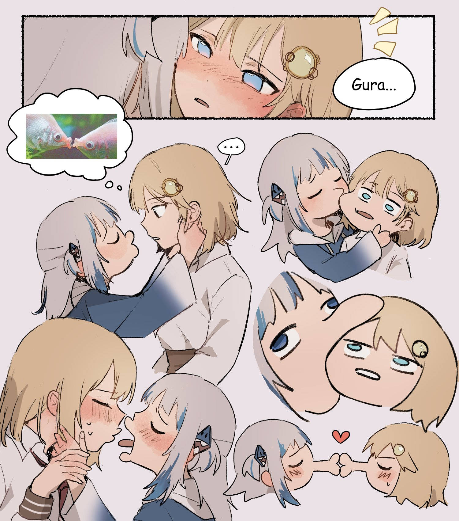 anime kiss 桌布 壁紙 — 兩個動漫角色在漫畫分鏡佈局中，面紅耳赤地分享溫柔浪漫時刻，並帶有親暱的舉止。