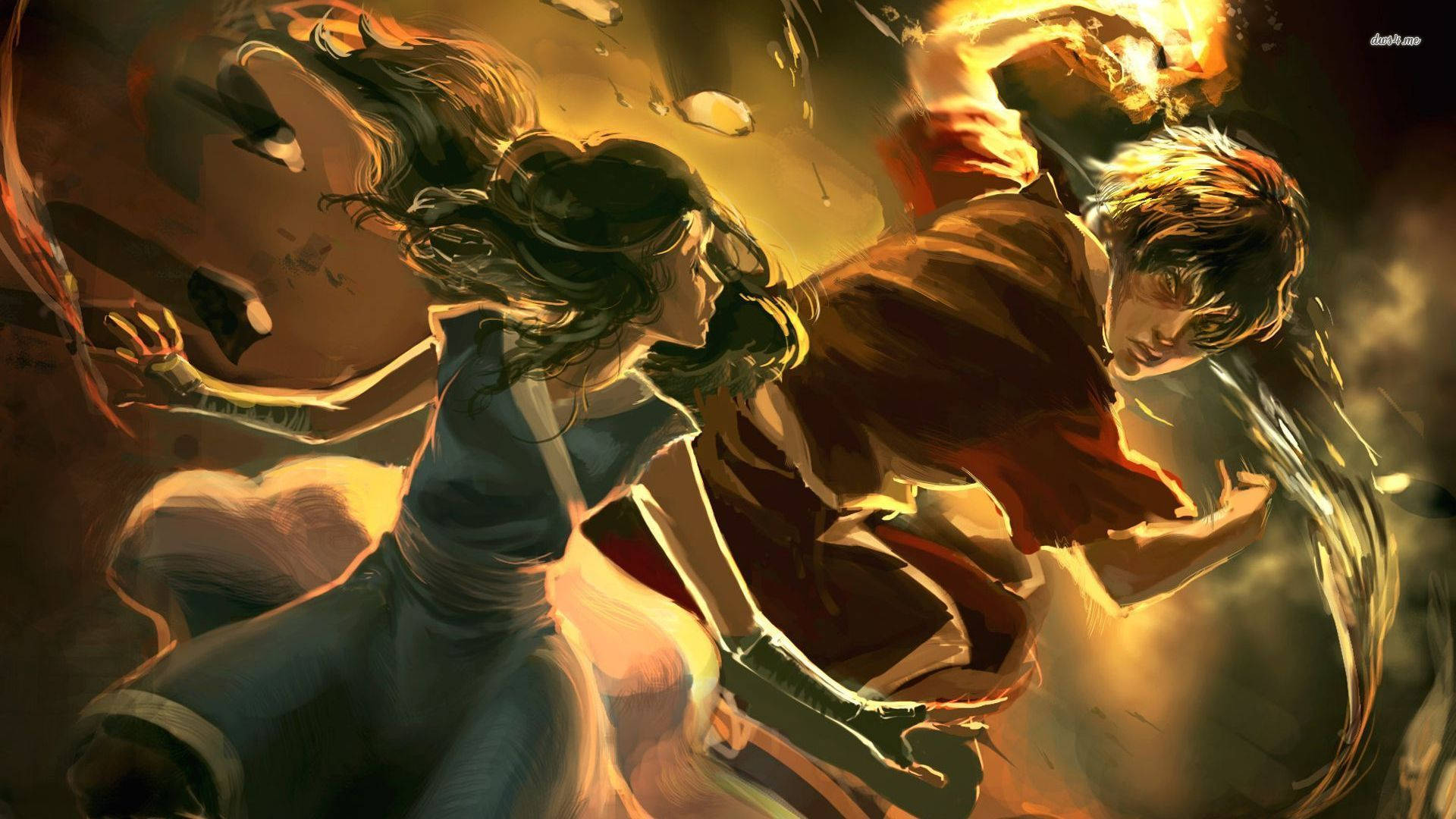 Airbender 桌布 壁紙 — 兩個動漫角色在激烈的戰鬥中碰撞，帶有動態動作和發光能量效果。
