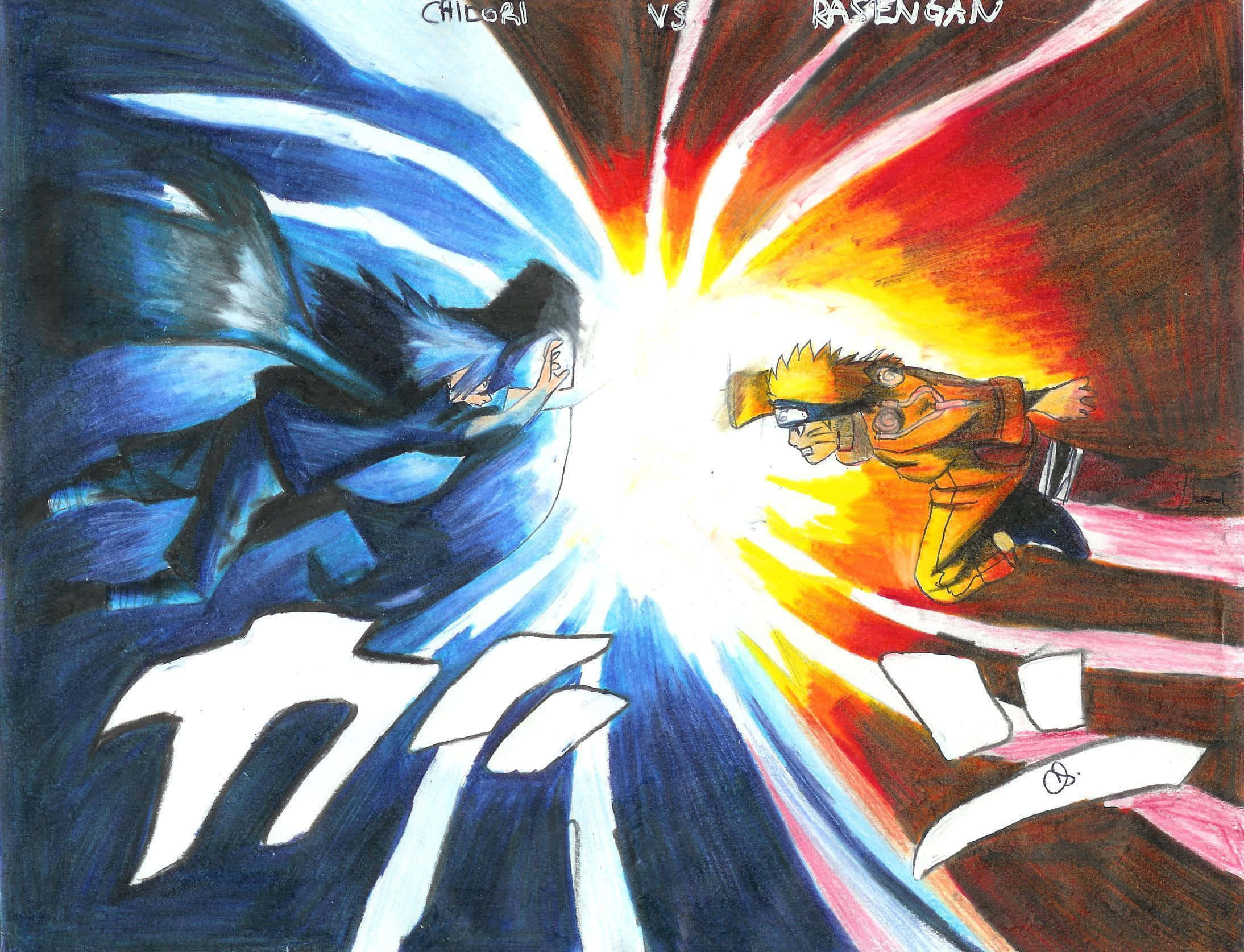 Naruto Rasengan 桌布 壁紙 — 兩個動漫角色在激烈的戰鬥中碰撞，藍色和橙色的能量光束在他們之間爆炸。