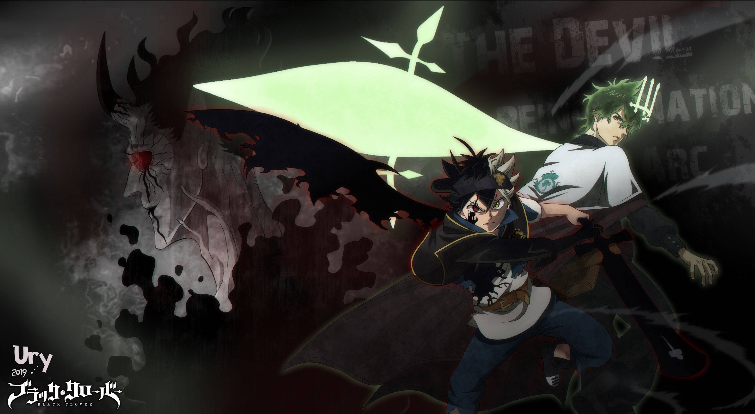 Black Clover Asta 桌布 壁紙 — 兩個動漫角色在激烈的戰鬥場景中，用發光的劍與黑暗的惡魔人物碰撞。