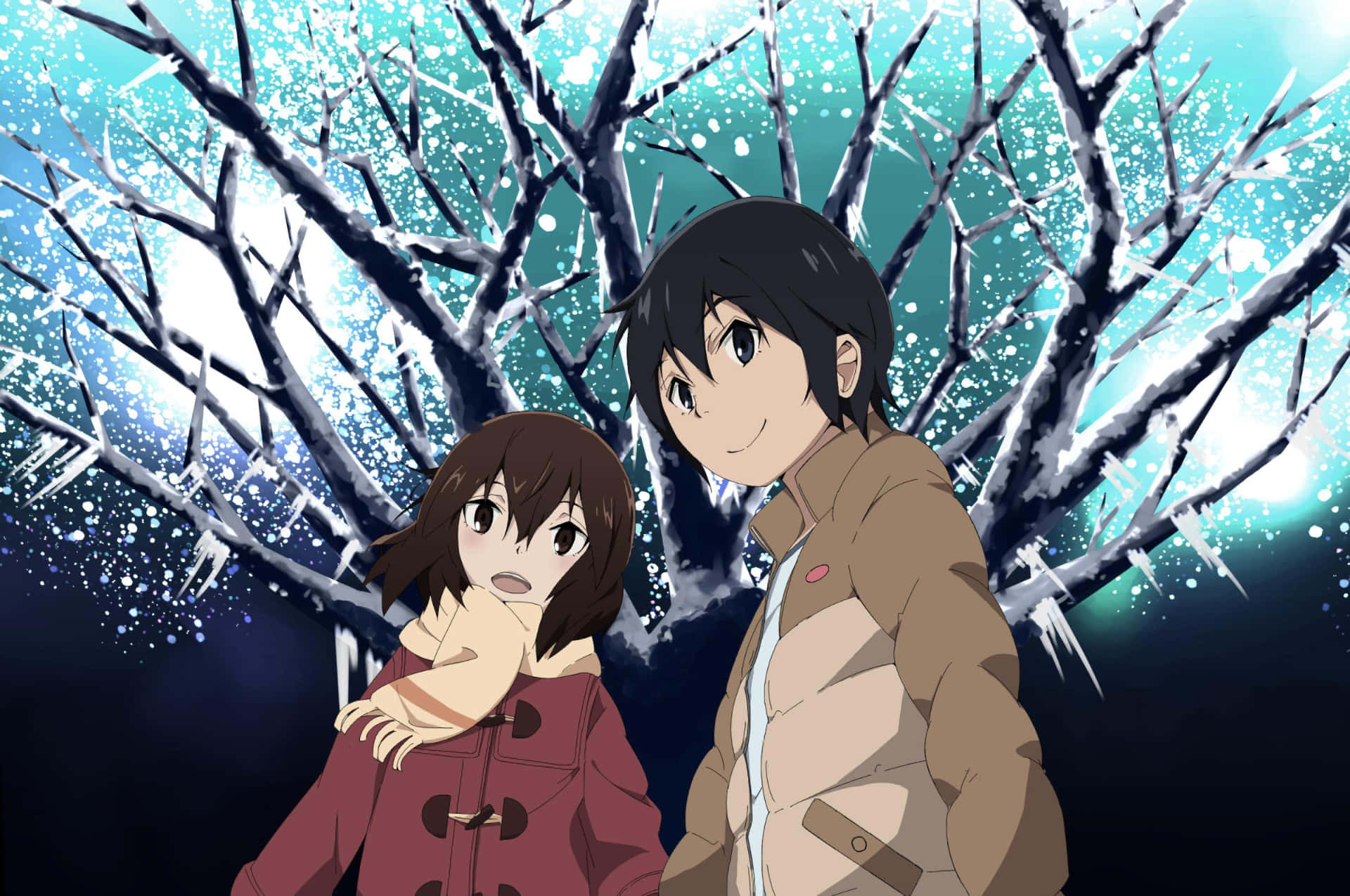 Erased 桌布 壁紙 — 兩個動漫角色在灑滿雪的樹枝下緊靠著，背景是發光的藍色冬日天空。