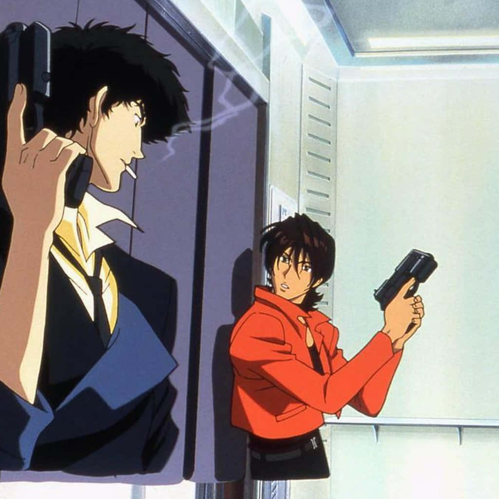 Cowboy Bebop Electra 桌布 壁紙 — 兩個動漫角色在無菌走廊中緊張對峙，一個抽煙並拿著電話，另一個用槍瞄準。