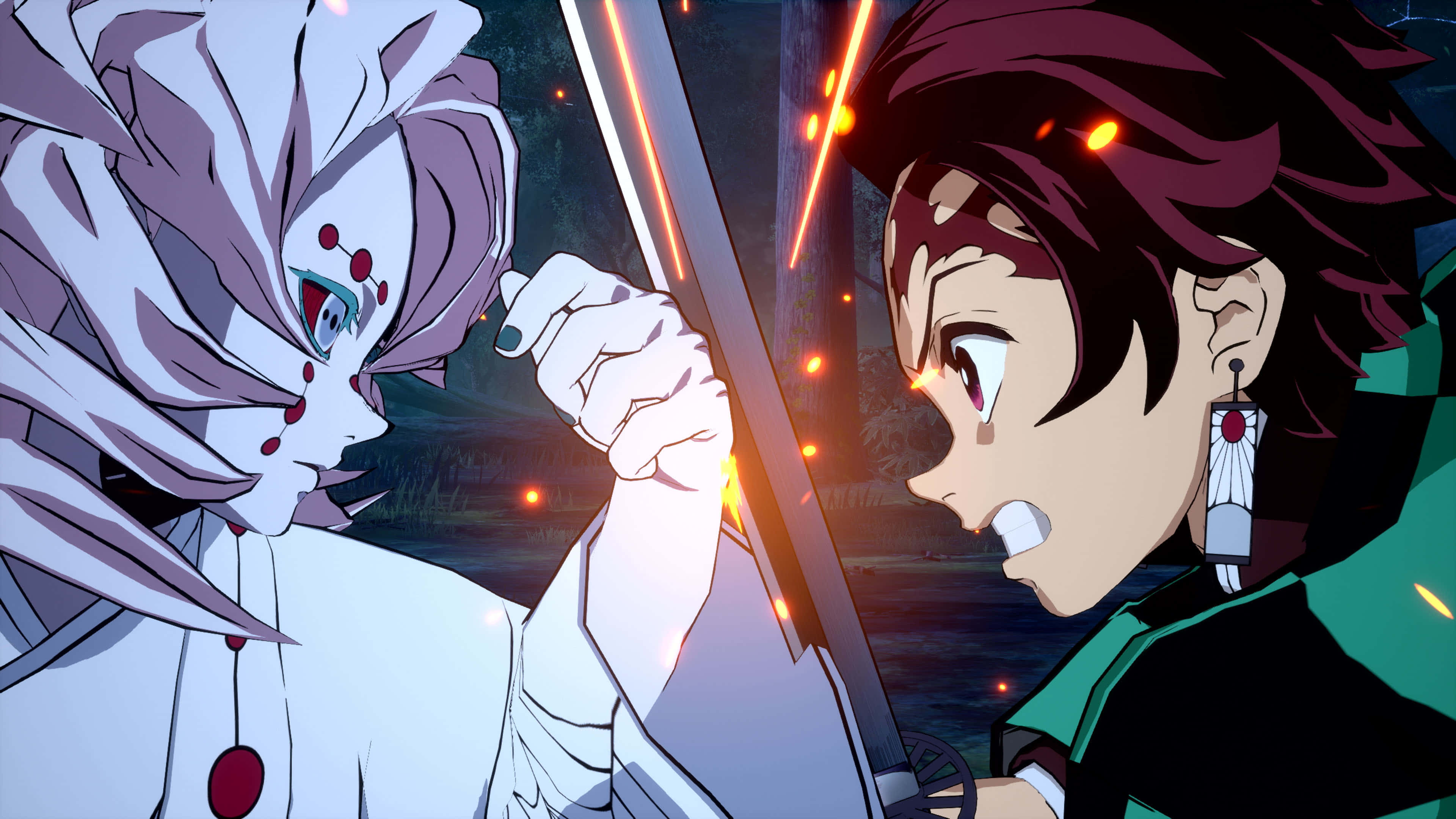 Demon Slayer Fight 桌布 壁紙 — 兩個動漫角色在熾熱的夜戰中劍刃交鋒，發光的火花在他們之間飛舞。