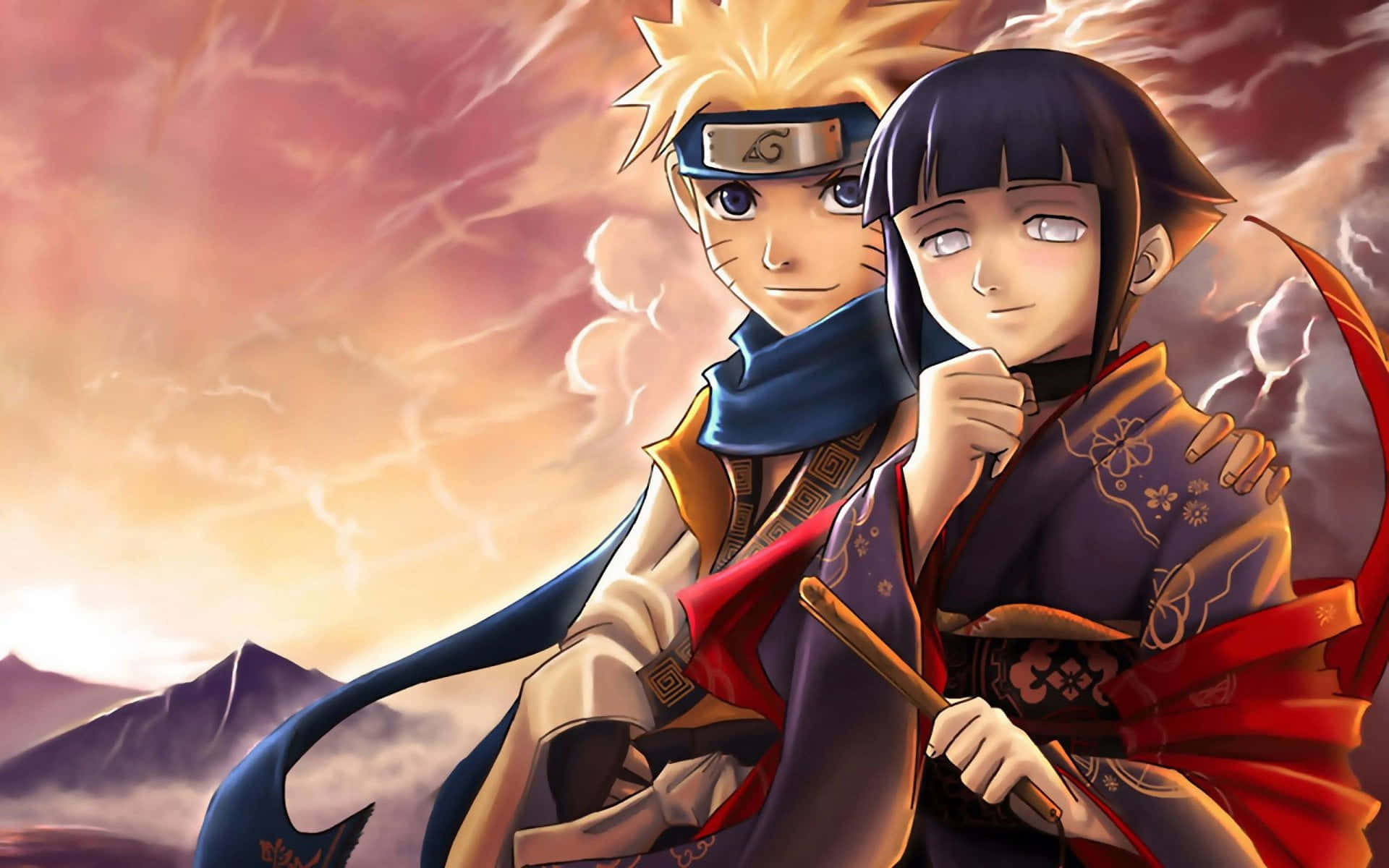 Naruto Anime 桌布 壁紙 — 兩個動漫角色在熾熱的日落天空下擁抱，背後有山的剪影。