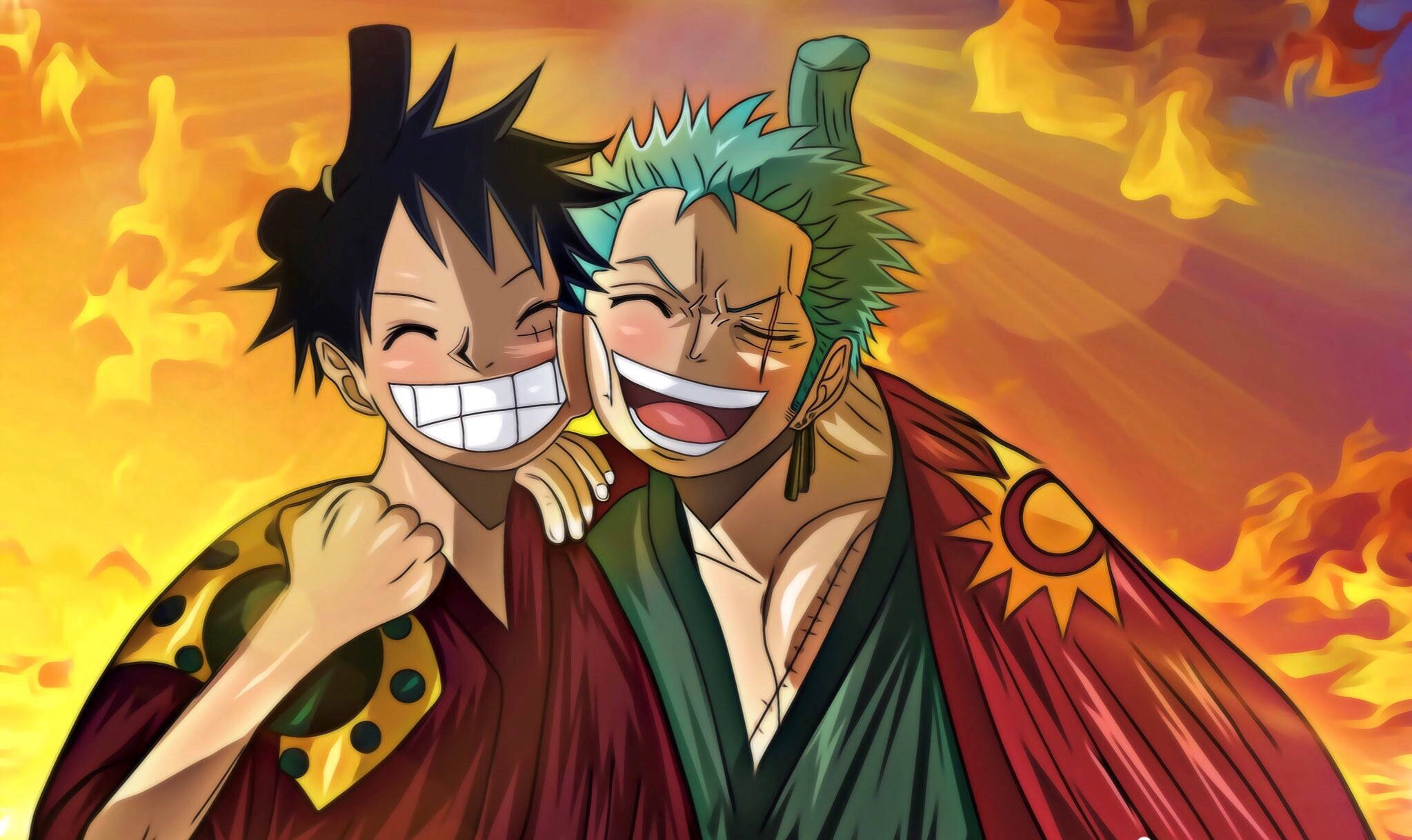 Luffy 桌布 壁紙 — 兩個動漫角色在熾熱的日落背景下，伴隨著燦爛的陽光，歡快地大笑。