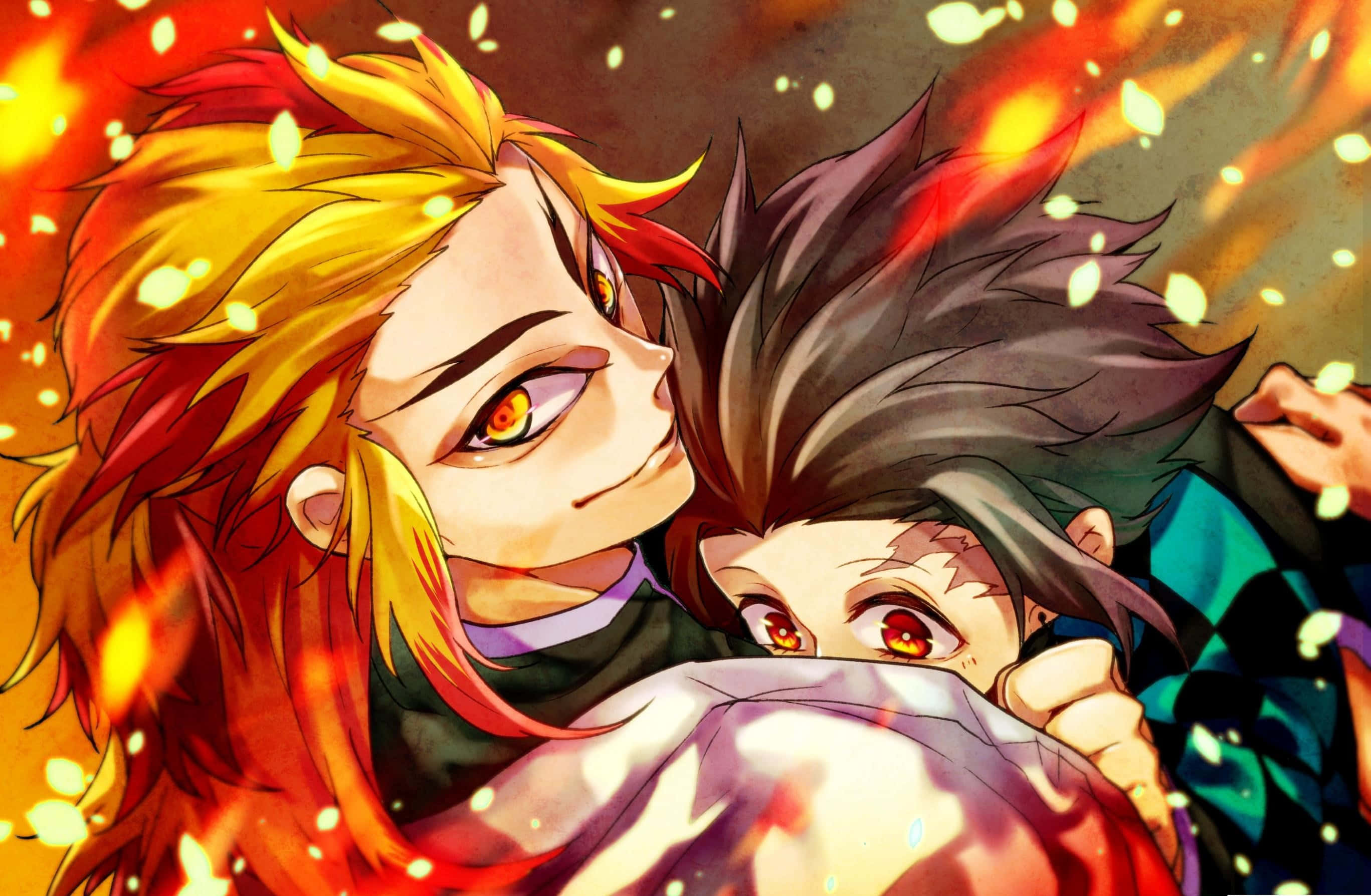 Rengoku And Tanjiro 桌布 壁紙 — 兩個動漫角色在熾熱的橙色和黃色火花中擁抱，眼睛發出強烈的光芒。