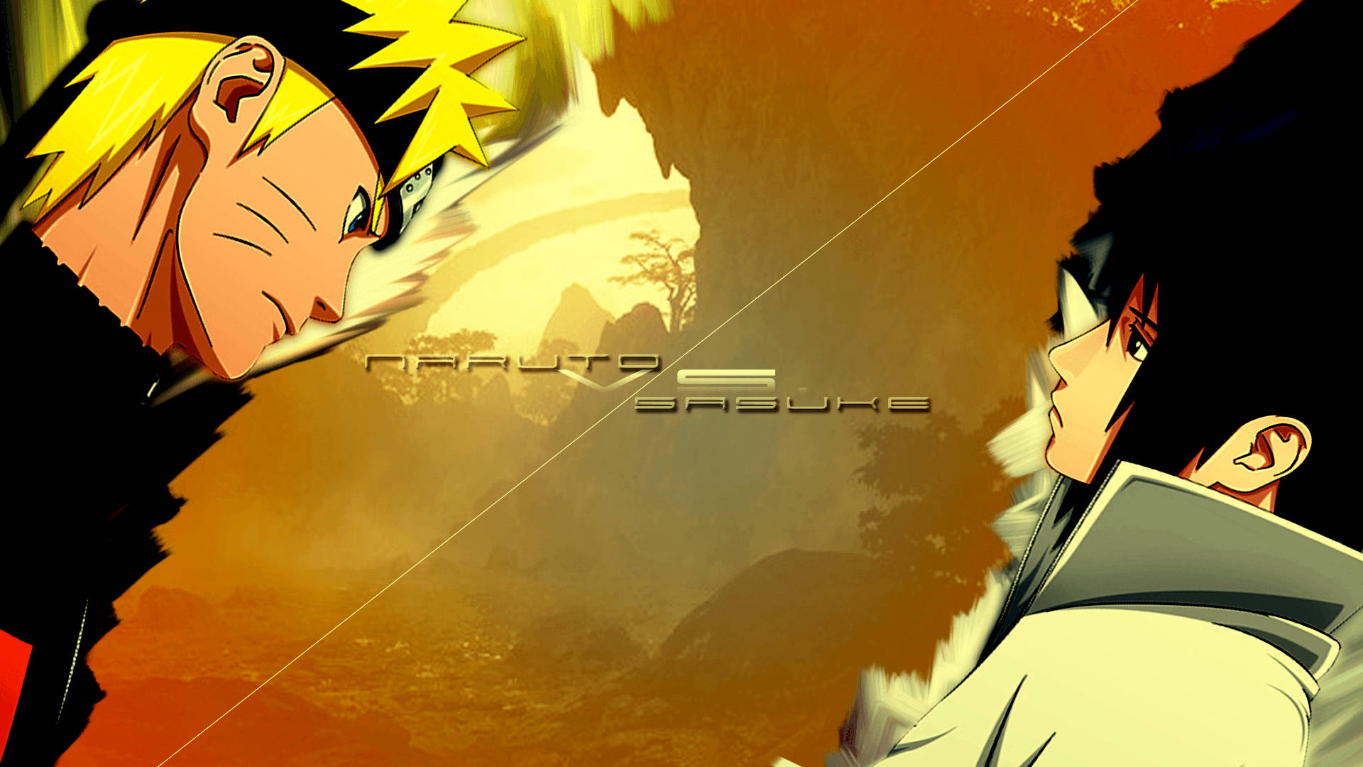 Sasuke Vs Naruto 桌布 壁紙 — 兩個動漫角色在熾熱的橙色戰場上對峙，帶有戲劇性的燈光和動態模糊效果。