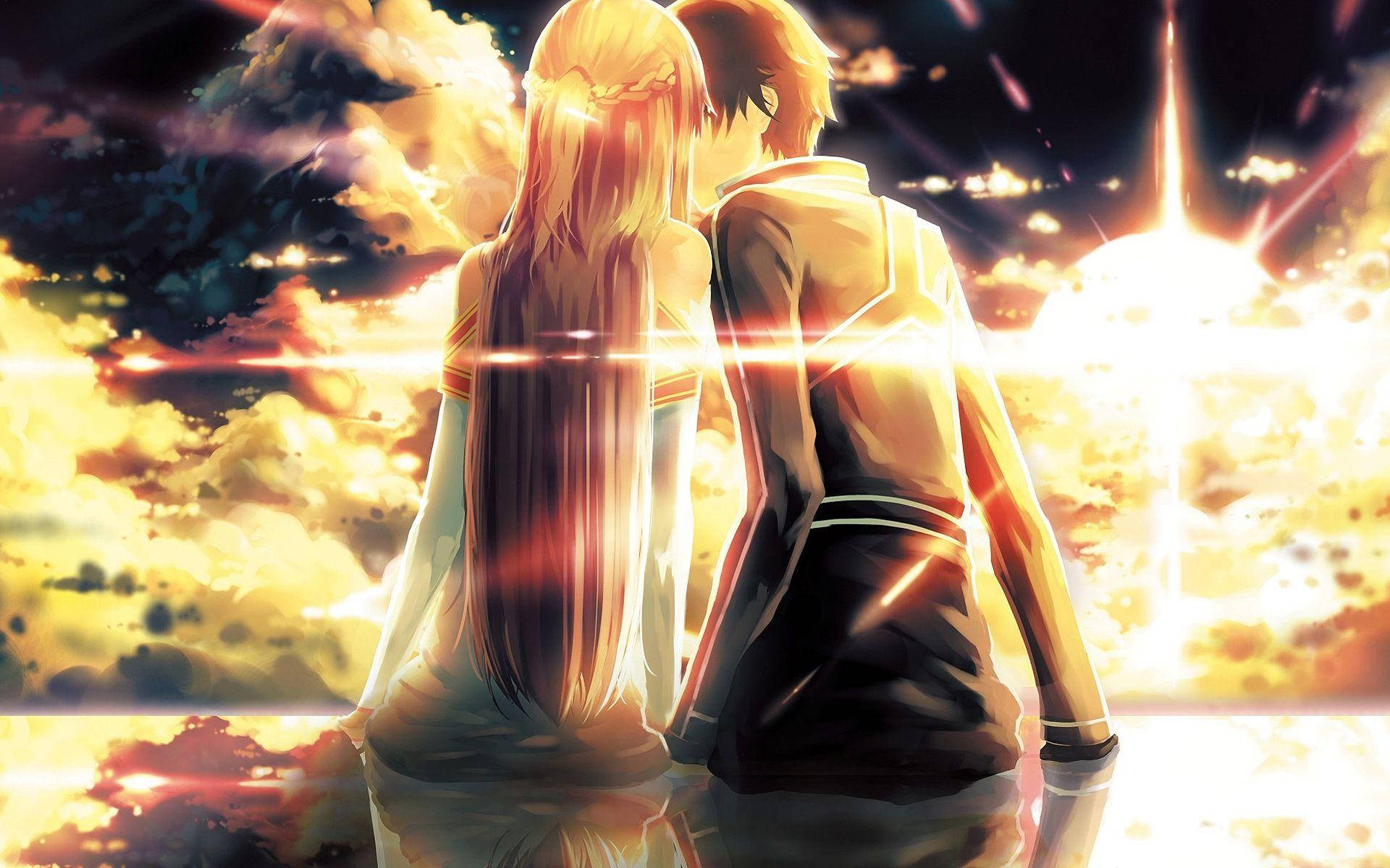 Love Anime 桌布 壁紙 — 兩個動漫角色在燦爛的日落天空下背對背站立，天空中有發光的雲朵和明亮的天體。
