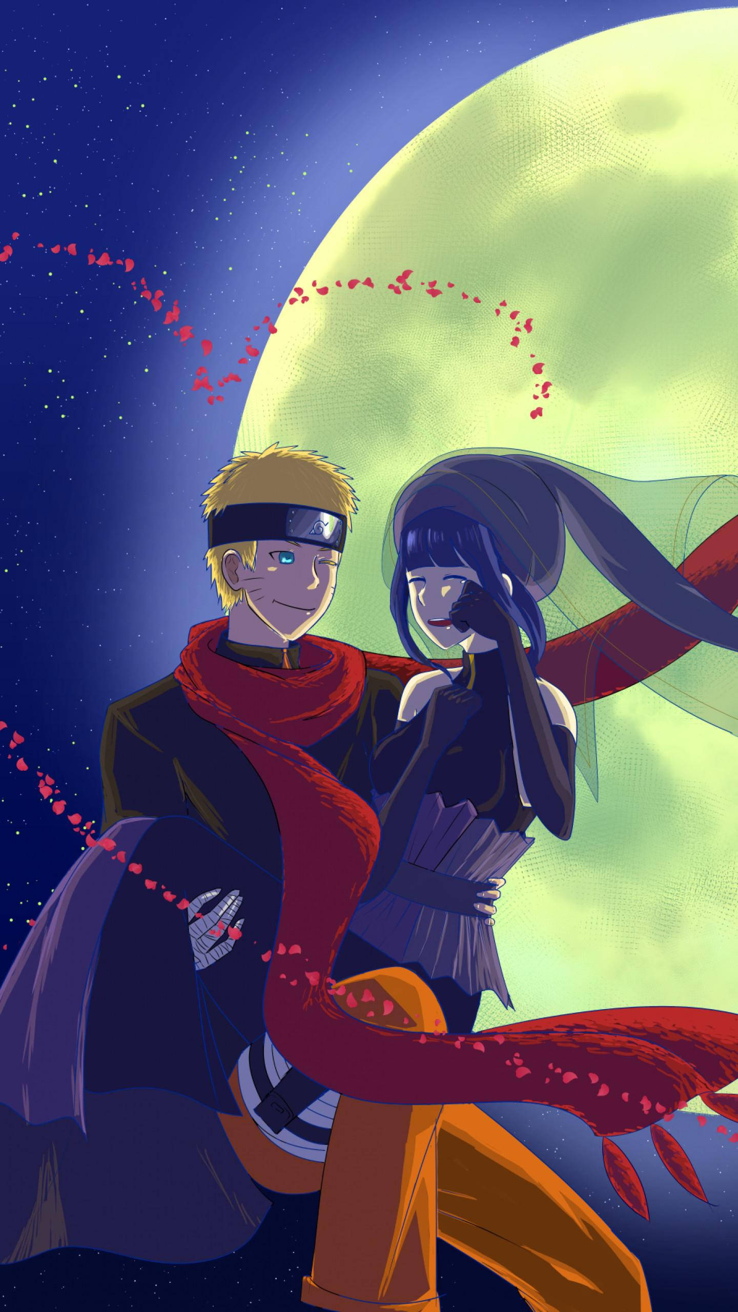 Naruto Aesthetic 桌布 壁紙 — 兩個動漫角色在發光的月亮下擁抱，紅色心形粒子在他們周圍旋轉，背景是星空夜空。