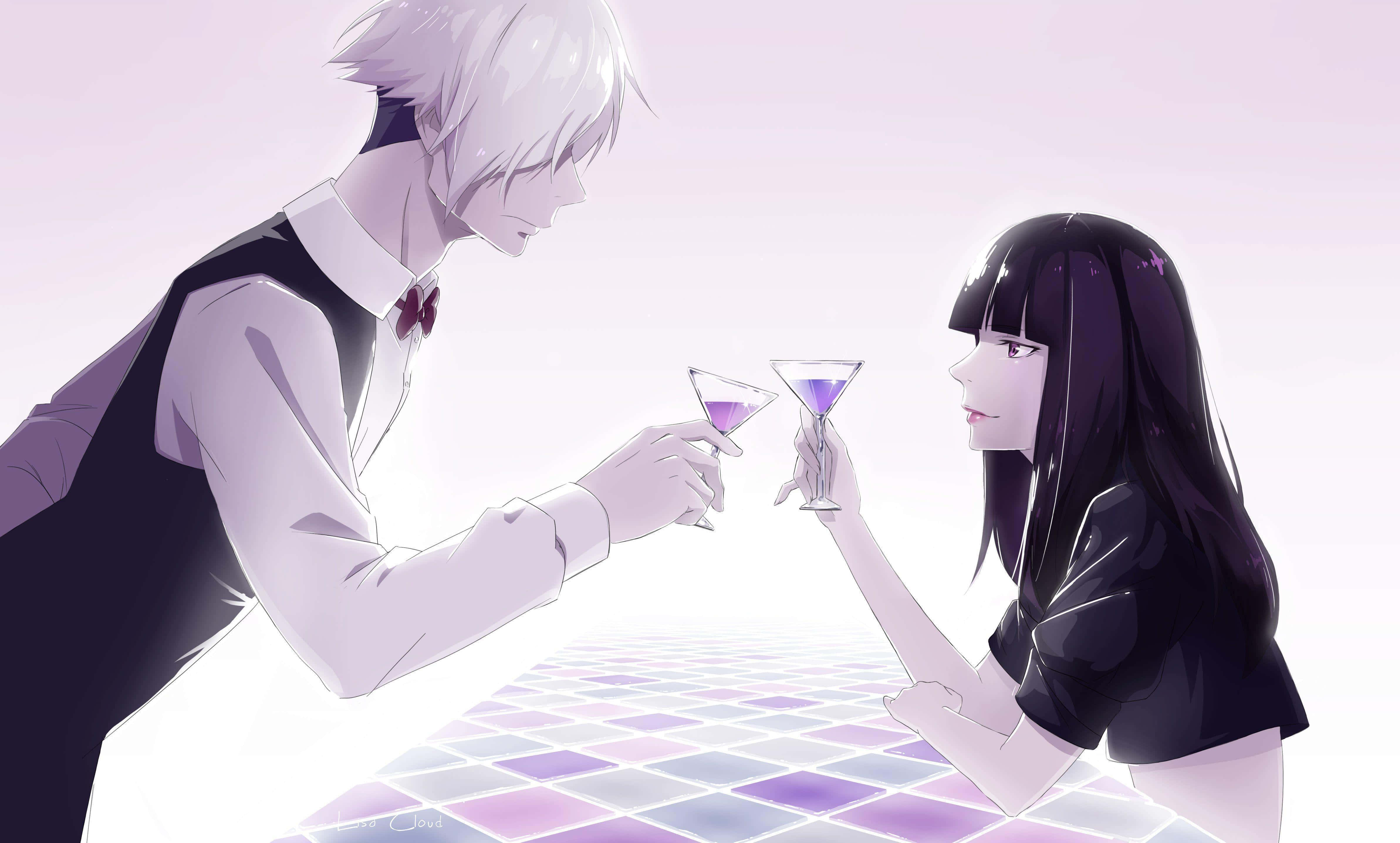 Death Parade 桌布 壁紙 — 兩個動漫角色在發光的格子房間中，伴隨柔和薰衣草燈光，輕碰紫色雞尾酒。