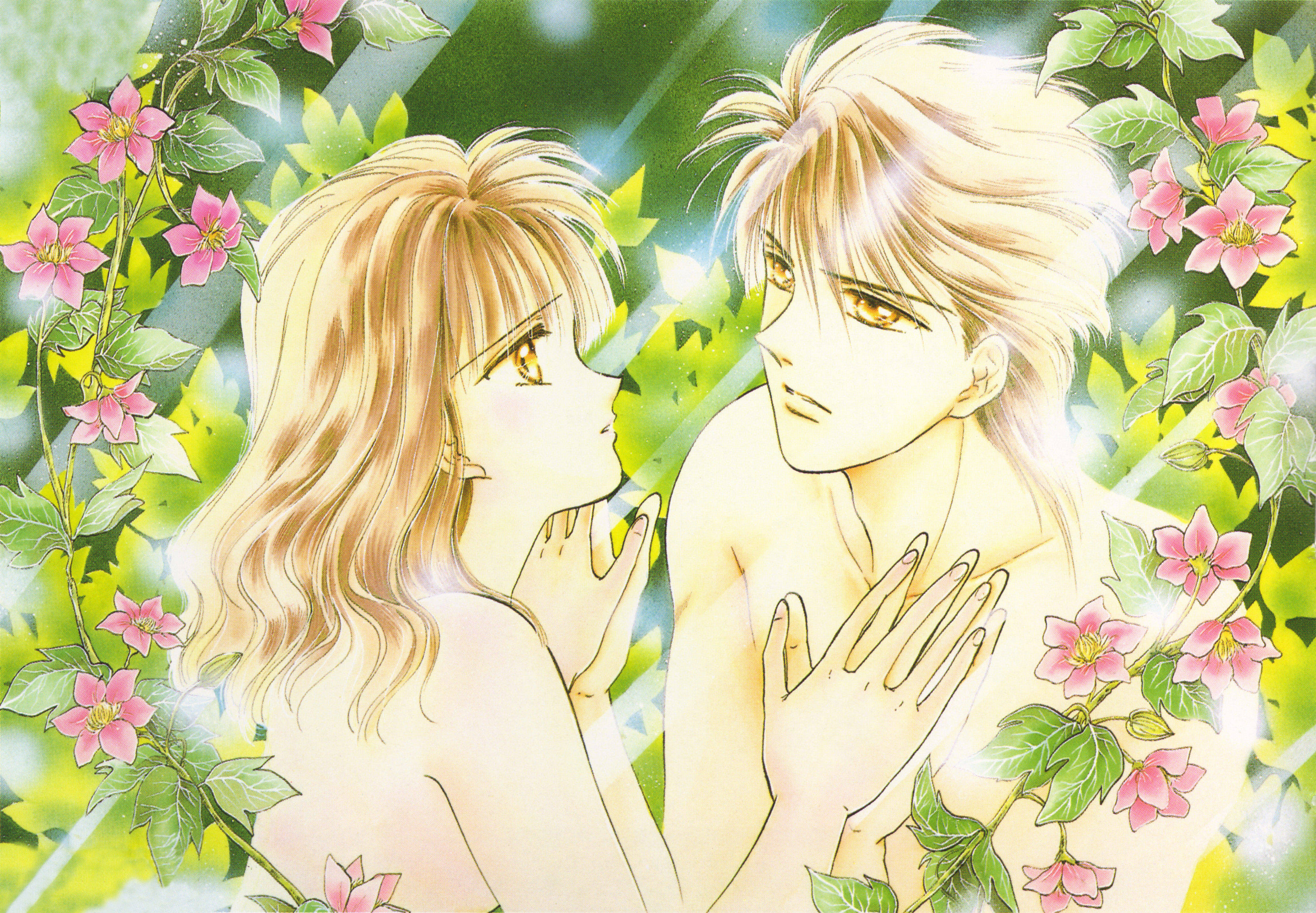 Fushigi Yuugi 桌布 壁紙 — 兩個動漫角色在發光的粉紅色花朵和茂密的綠葉中溫柔地凝視著對方。