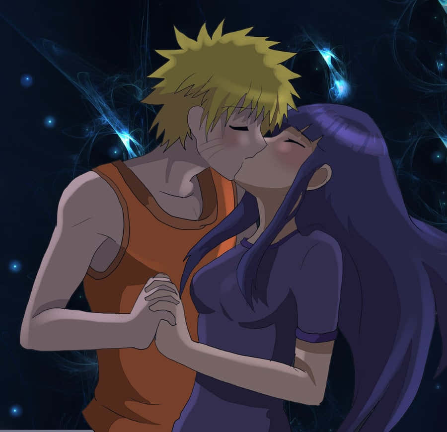 Kissing 桌布 壁紙 — 兩個動漫角色在發光的藍色宇宙能量下親吻，背景是黑暗的星空。