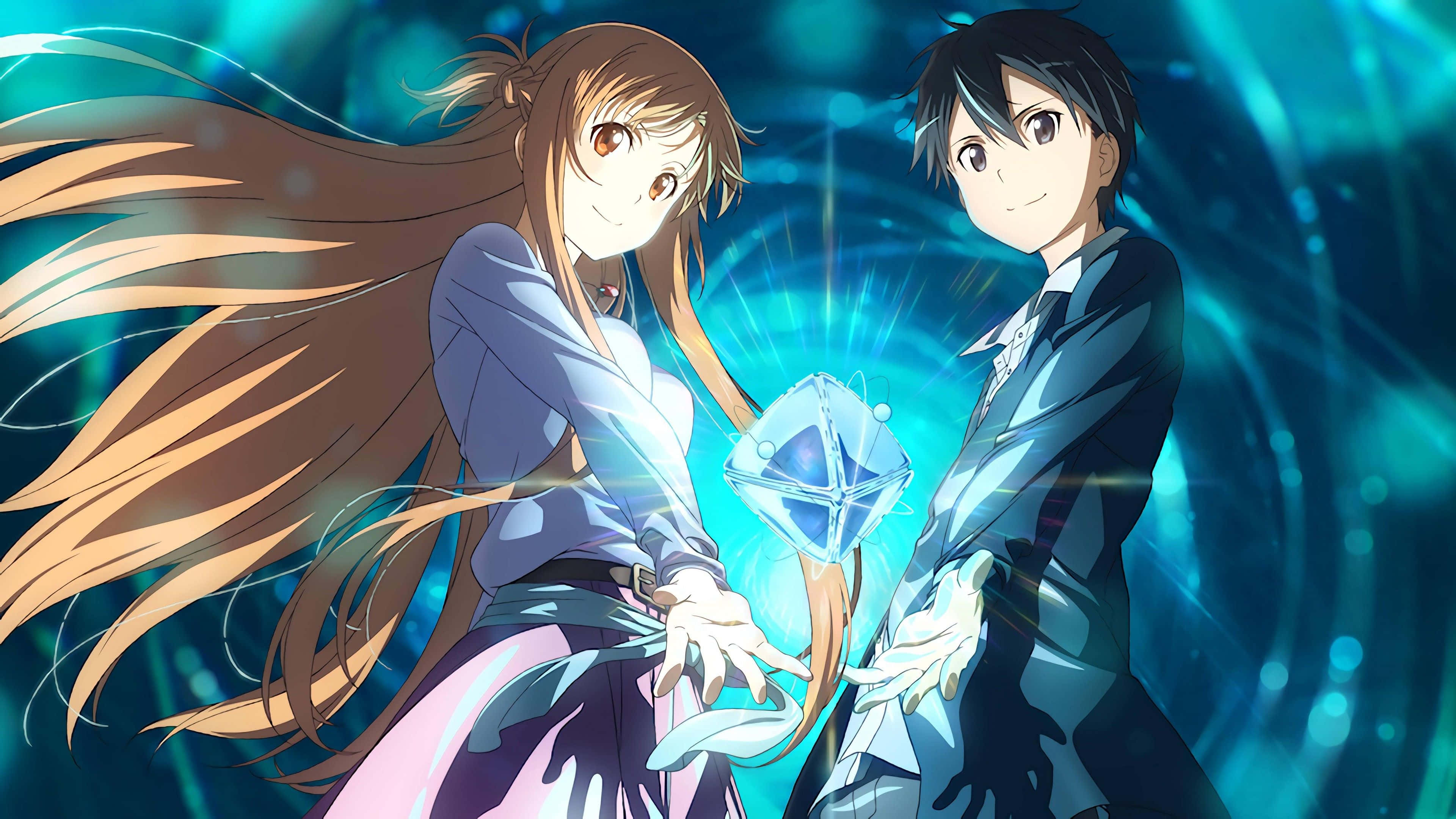 Kirito 桌布 壁紙 — 兩個動漫角色在發光的藍色數位領域中，帶著喜悅的表情共同握著一顆閃耀的水晶。
