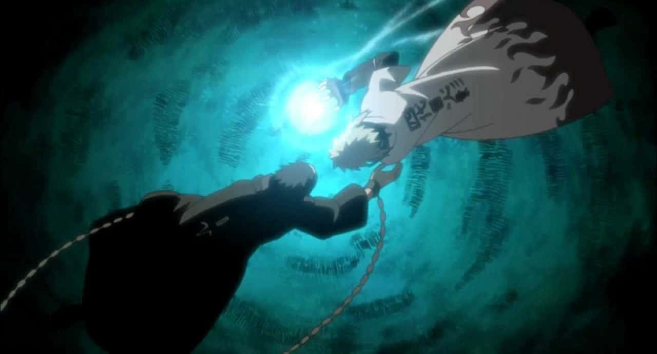 Fourth Hokage 桌布 壁紙 — 兩個動漫角色在發光的藍色漩渦中碰撞，鎖鏈將他們連接起來，背景是旋轉的青綠色。