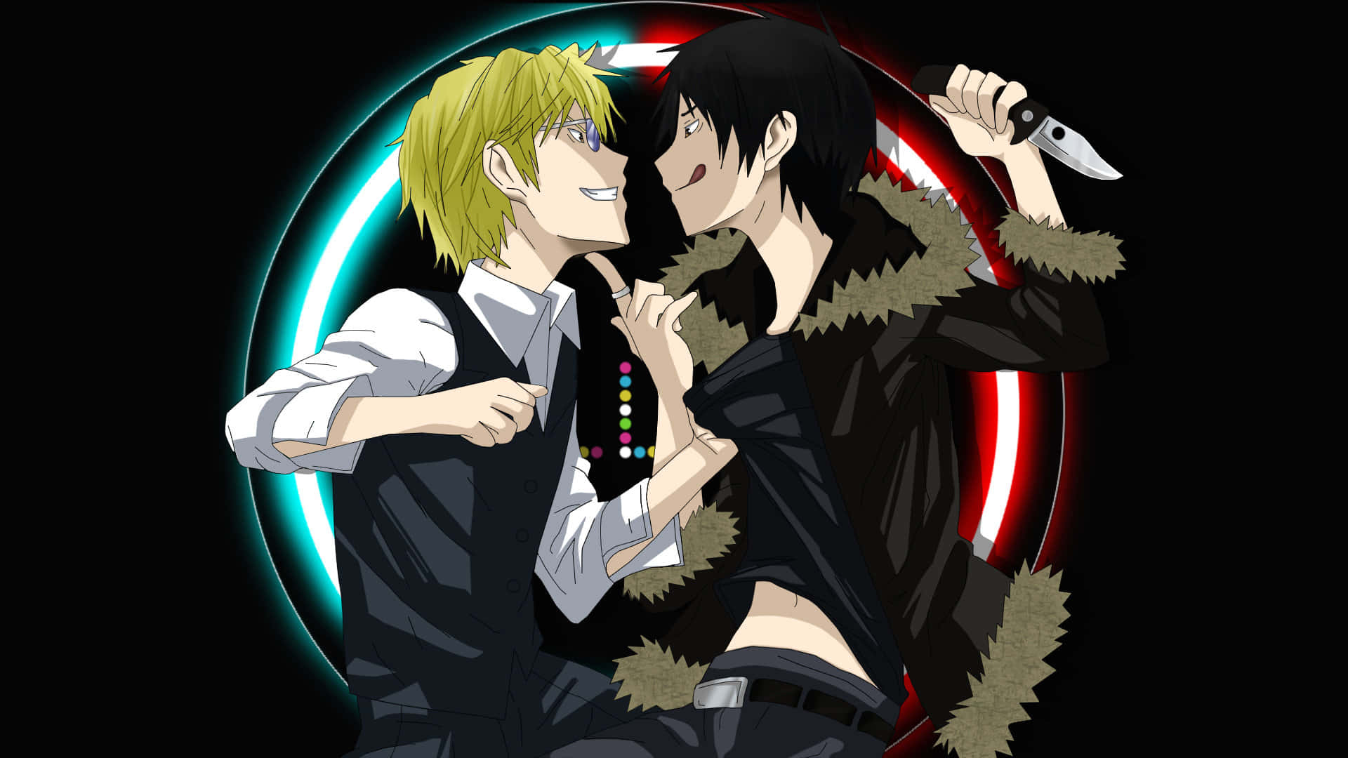 Izaya Orihara 桌布 壁紙 — 兩個動漫角色在發光的霓虹環後面進行緊張的對峙。