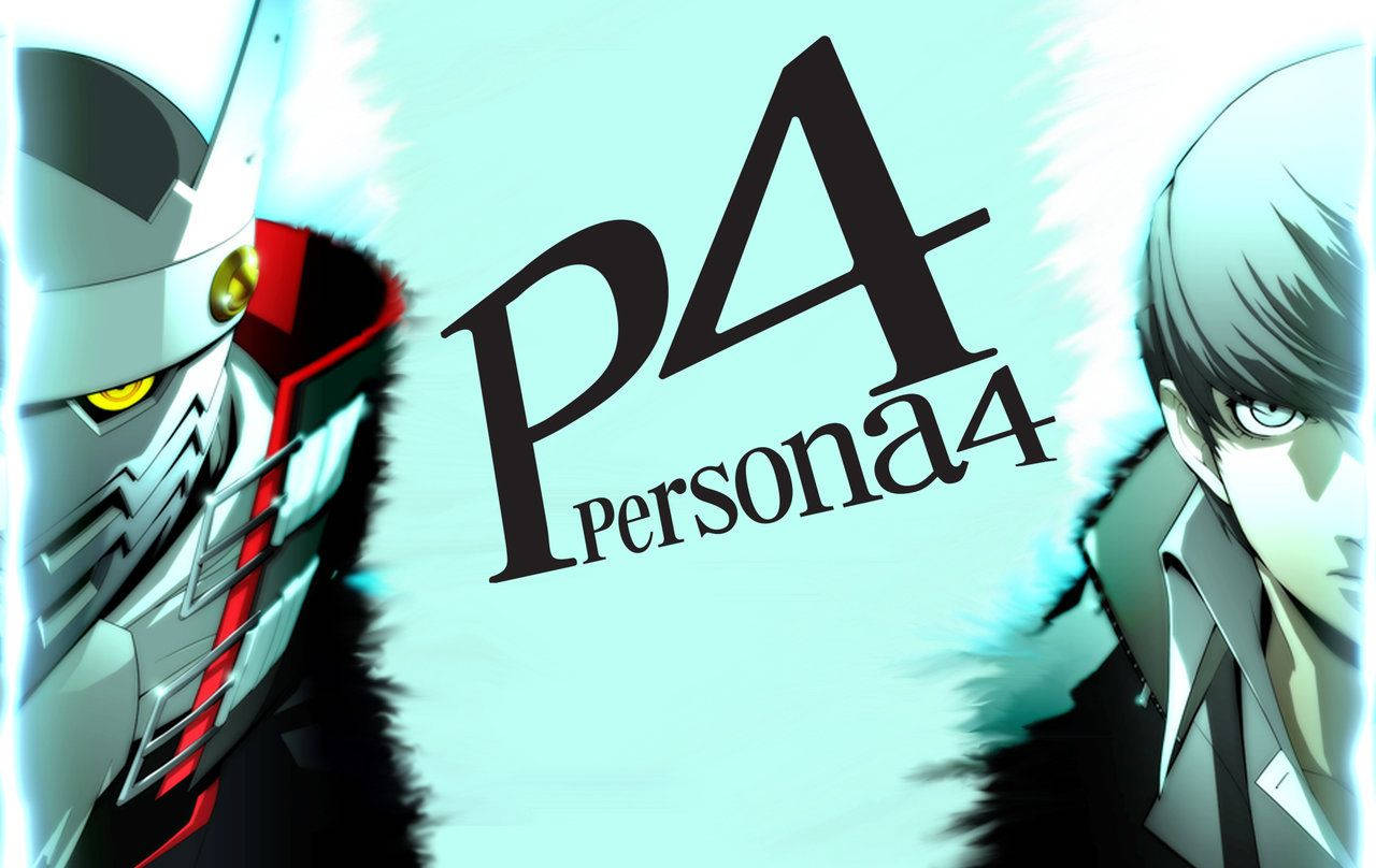Persona 4 桌布 壁紙 — 兩個動漫角色在發光的青色背景上，兩側夾著 Persona 4 標誌，帶有鋸齒狀黑色邊緣。