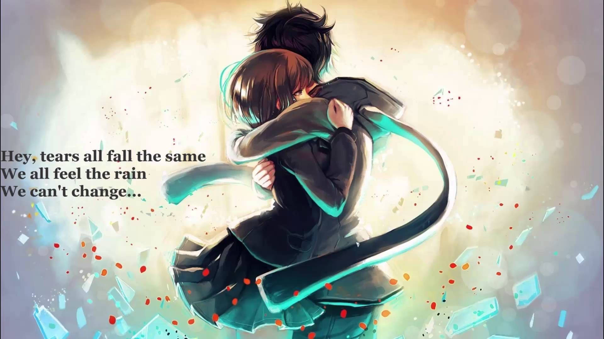 Anime Hug 桌布 壁紙 — 兩個動漫角色在發光背景中緊緊擁抱，周圍漂浮著碎片並疊加歌詞。