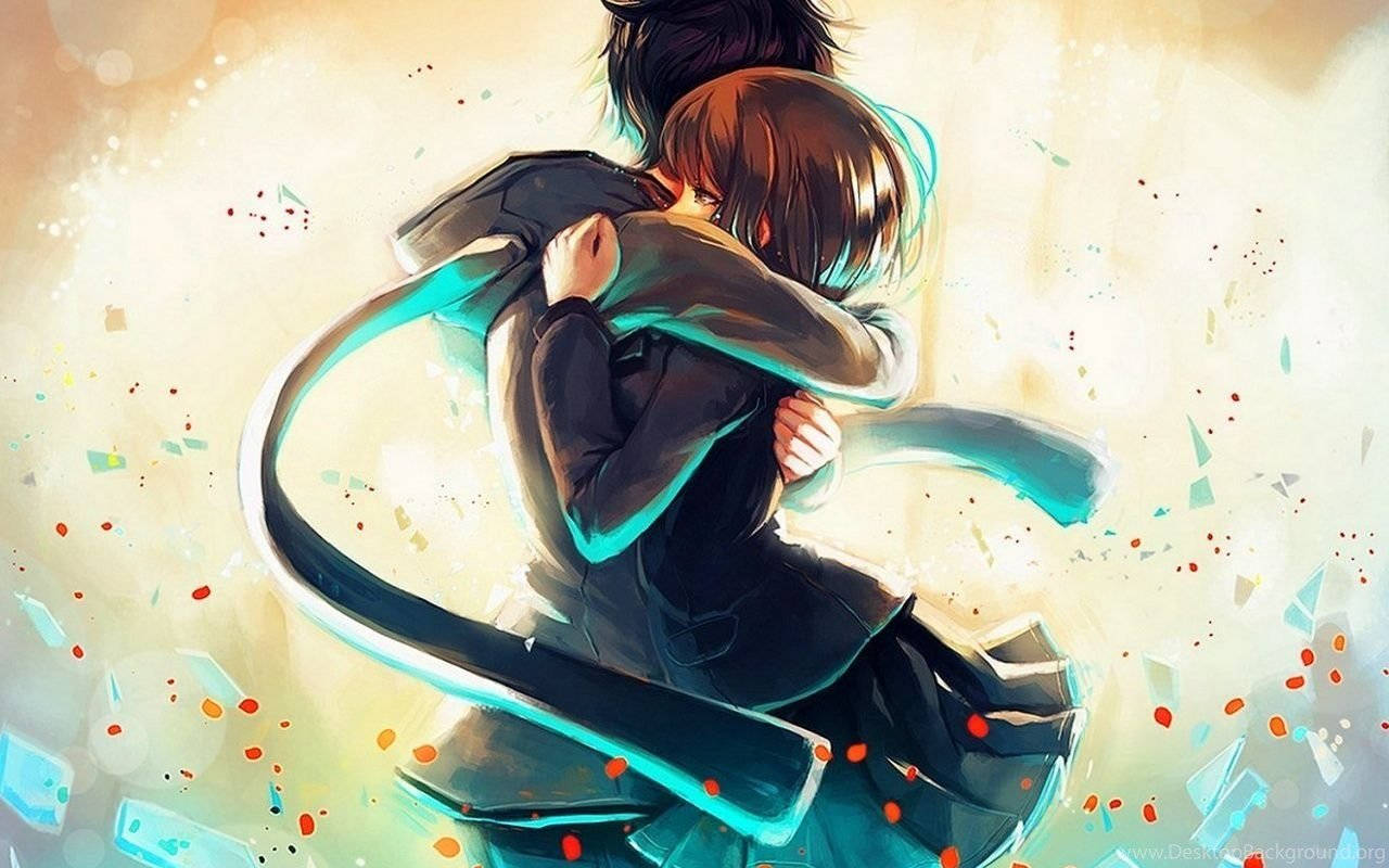 Crazy Anime Boy 桌布 壁紙 — 兩個動漫角色在發光背景和漂浮的彩色碎片中緊緊擁抱。