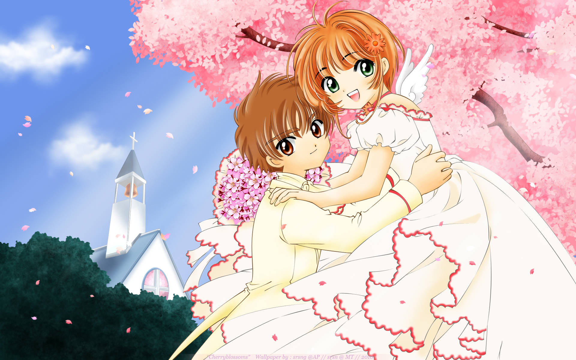 Cardcaptor 桌布 壁紙 — 兩個動漫角色在盛開的櫻花樹下擁抱，背景有一座教堂。