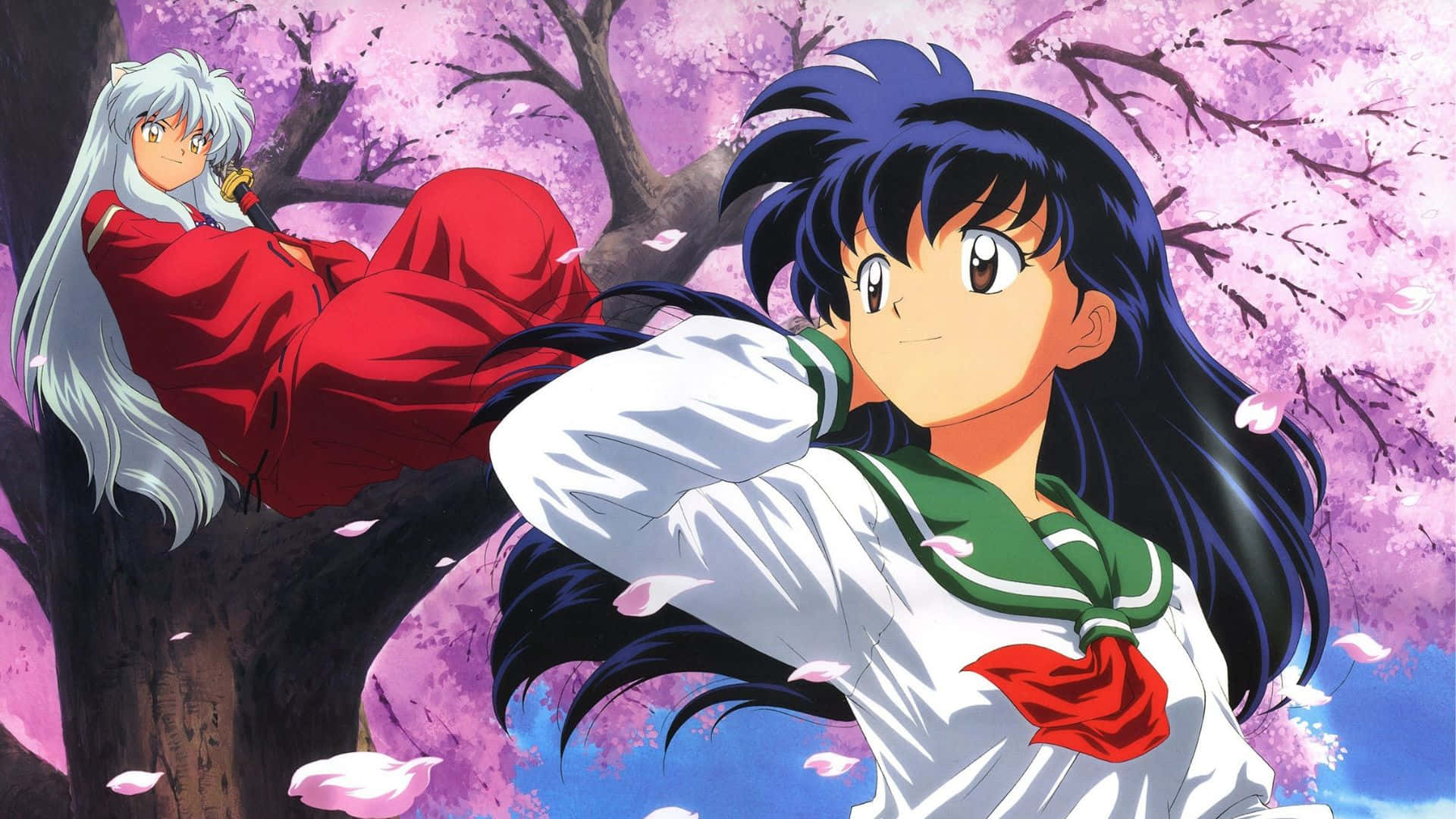 Kagome Higurashi 桌布 壁紙 — 兩個動漫角色在盛開的櫻花樹下擺姿勢，粉紅色的花瓣在空中飄浮。