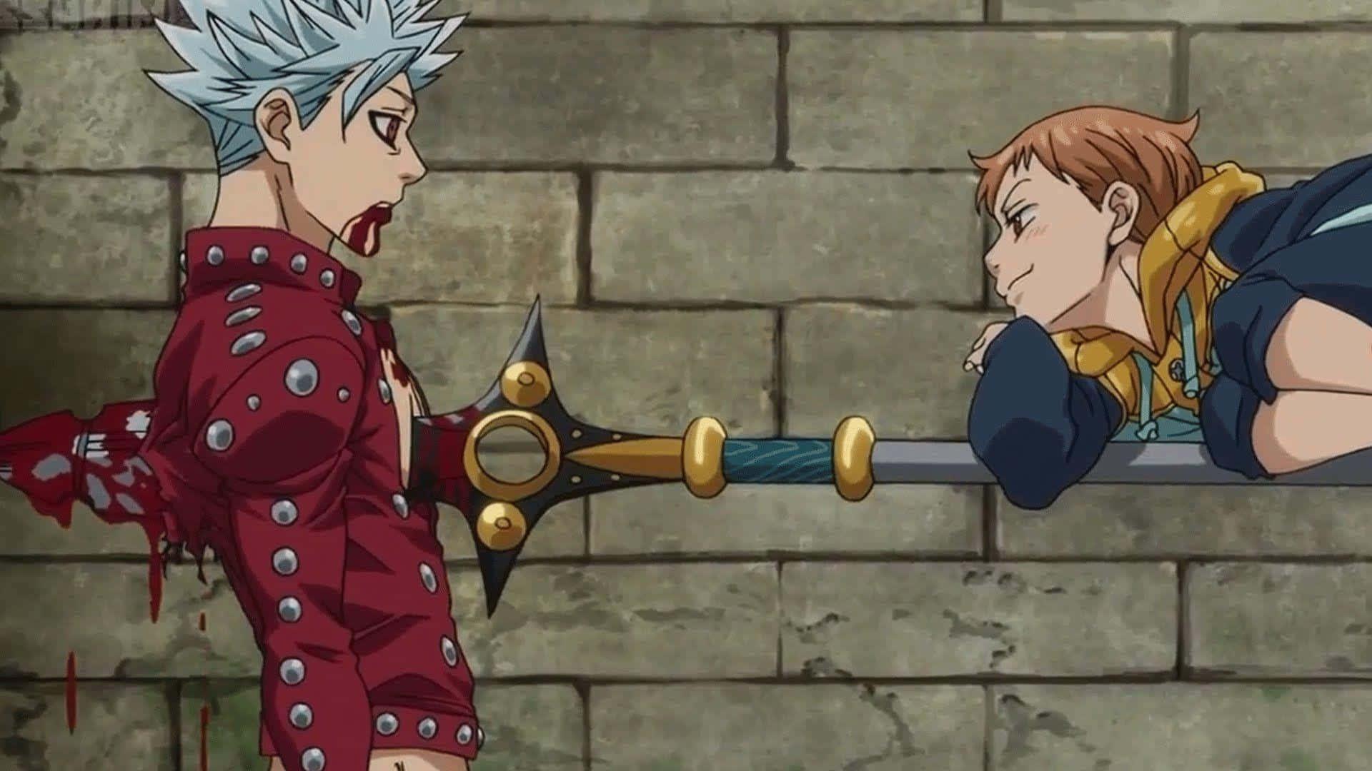 Seven Deadly Sins Ban 桌布 壁紙 — 兩個動漫角色在石牆前拔劍對峙，一個流血，另一個冷笑。