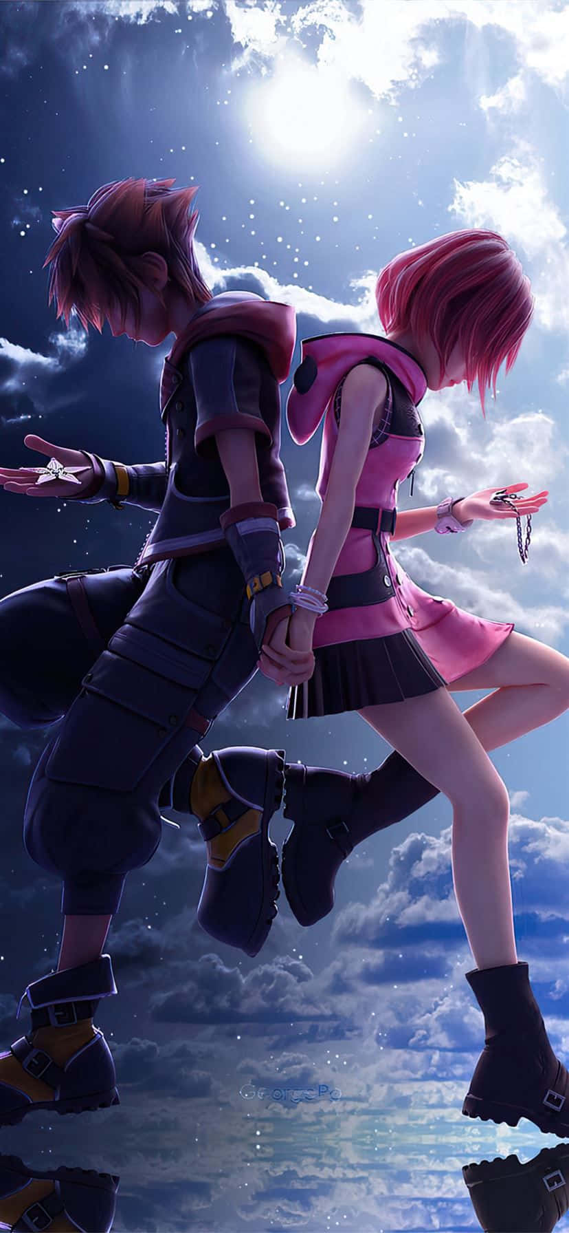 Kingdom Hearts Kairi 桌布 壁紙 — 兩個動漫角色在空中牽手，背景是明亮的陽光天空，有蓬鬆的雲朵和閃爍的粒子。