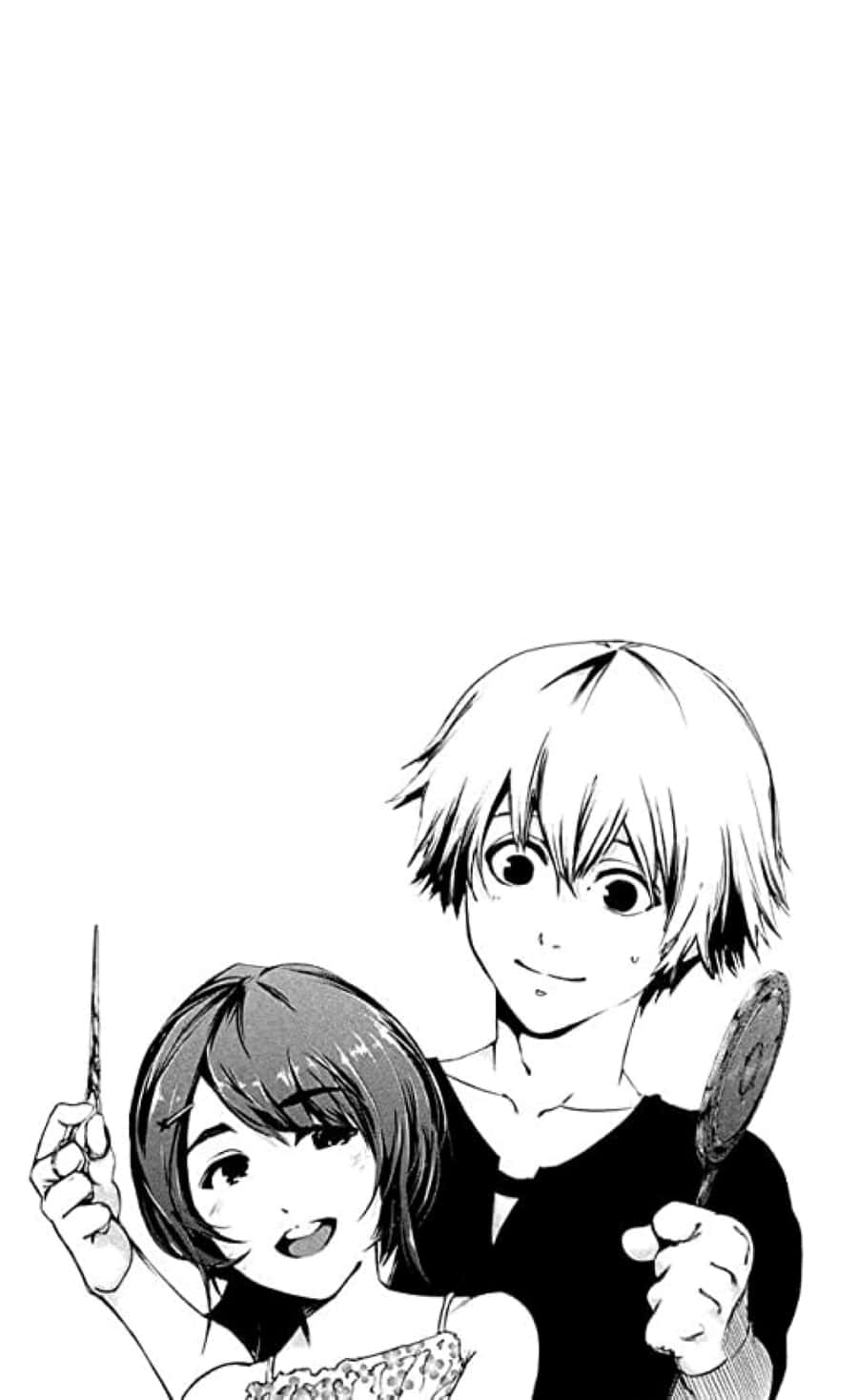 Hinami Fueguchi 桌布 壁紙 — 兩個動漫角色在簡約黑白風格的純白背景前微笑著手持扇子。